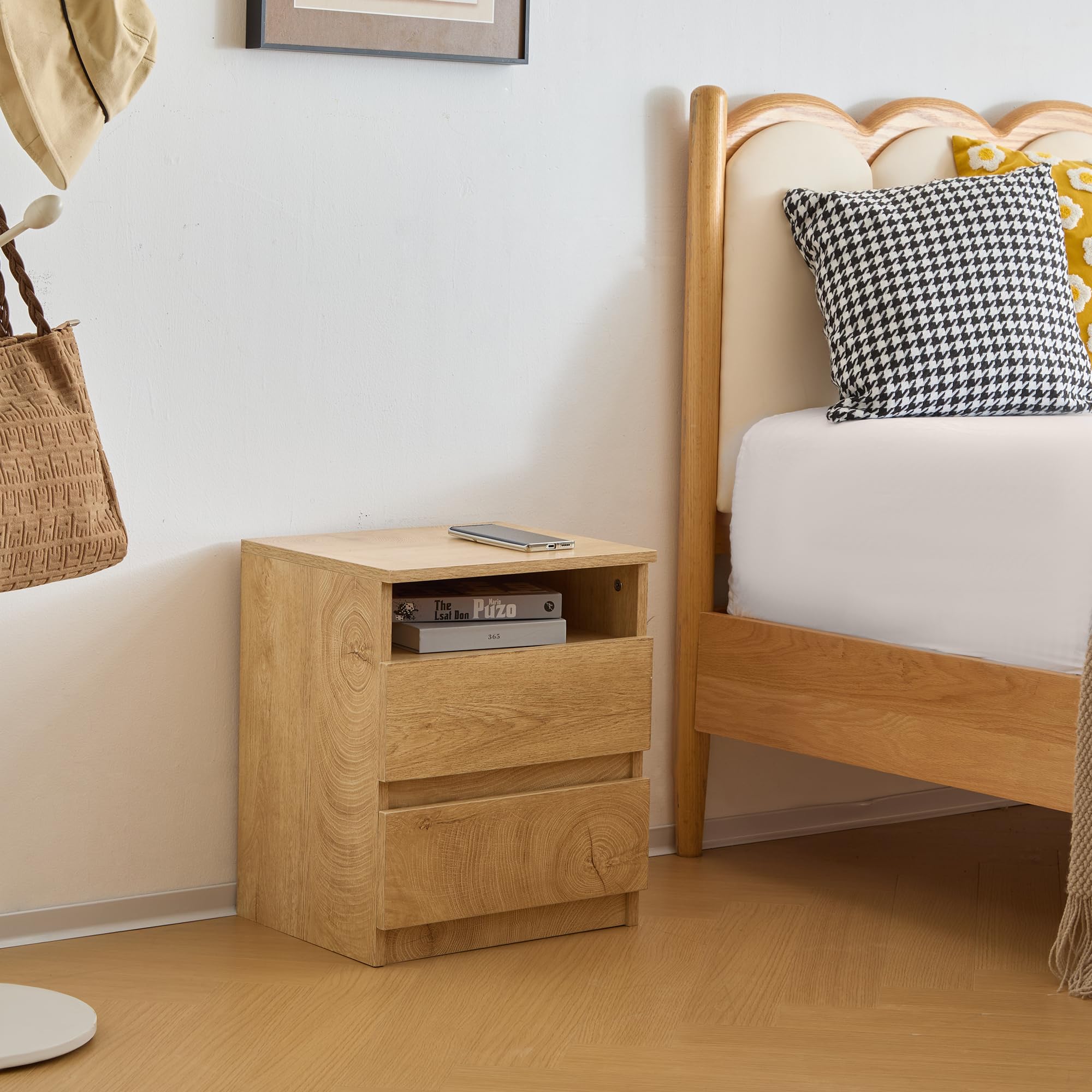 Mingone 2er-Set Nachttische mit 2 Schubladen,Nachtschrank aus Holz,Beistelltisch mit Stauraum Holzfarben für Wohnzimmer, Schlafzimmer