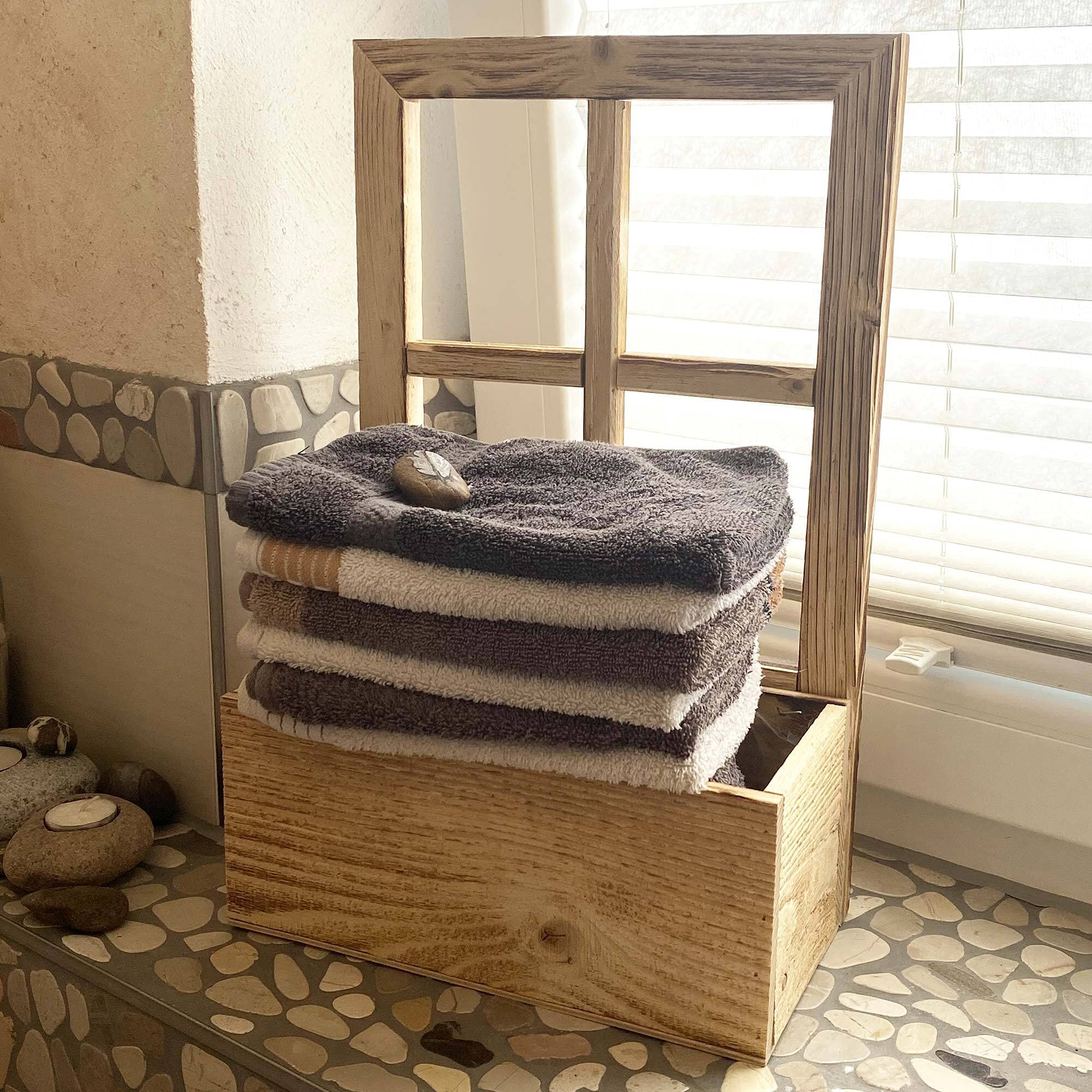 UNUS Ventana de madera con banco de plantas, decoración de madera envejecida flameada, 2 unidades
