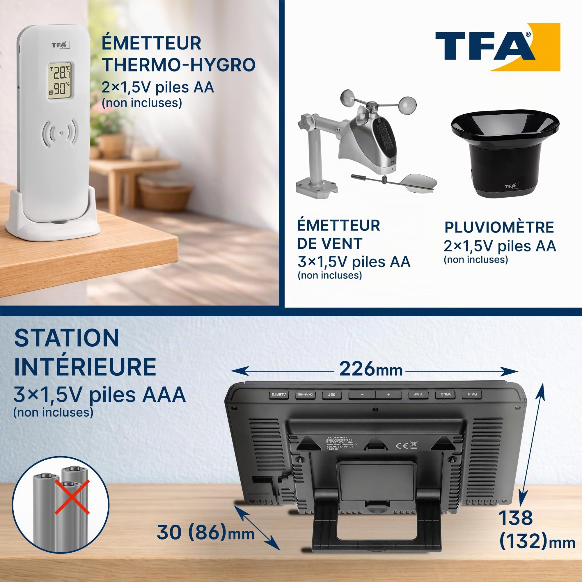 TFA Dostmann Weather Pro Station météo sans fil, 35.1161.01, avec anémomètre, pluviomètre, capteur extérieur, prévisions météo avec symboles, température int./ext., numérique, noir