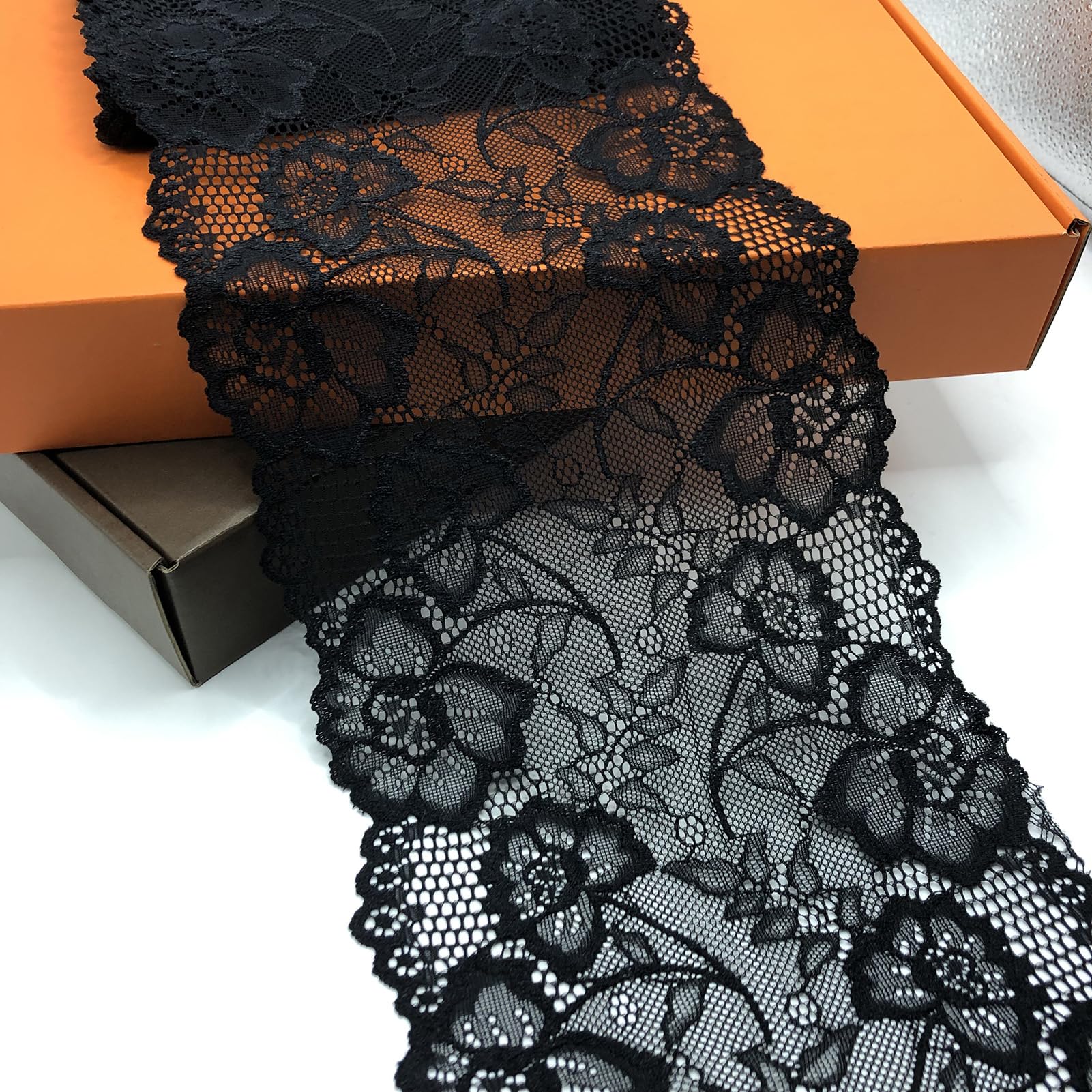 7 Inch Wide Black Stretch Lace Ribbon - 5 Yards Elastic Eyelash Lace For Wedding & Crafts