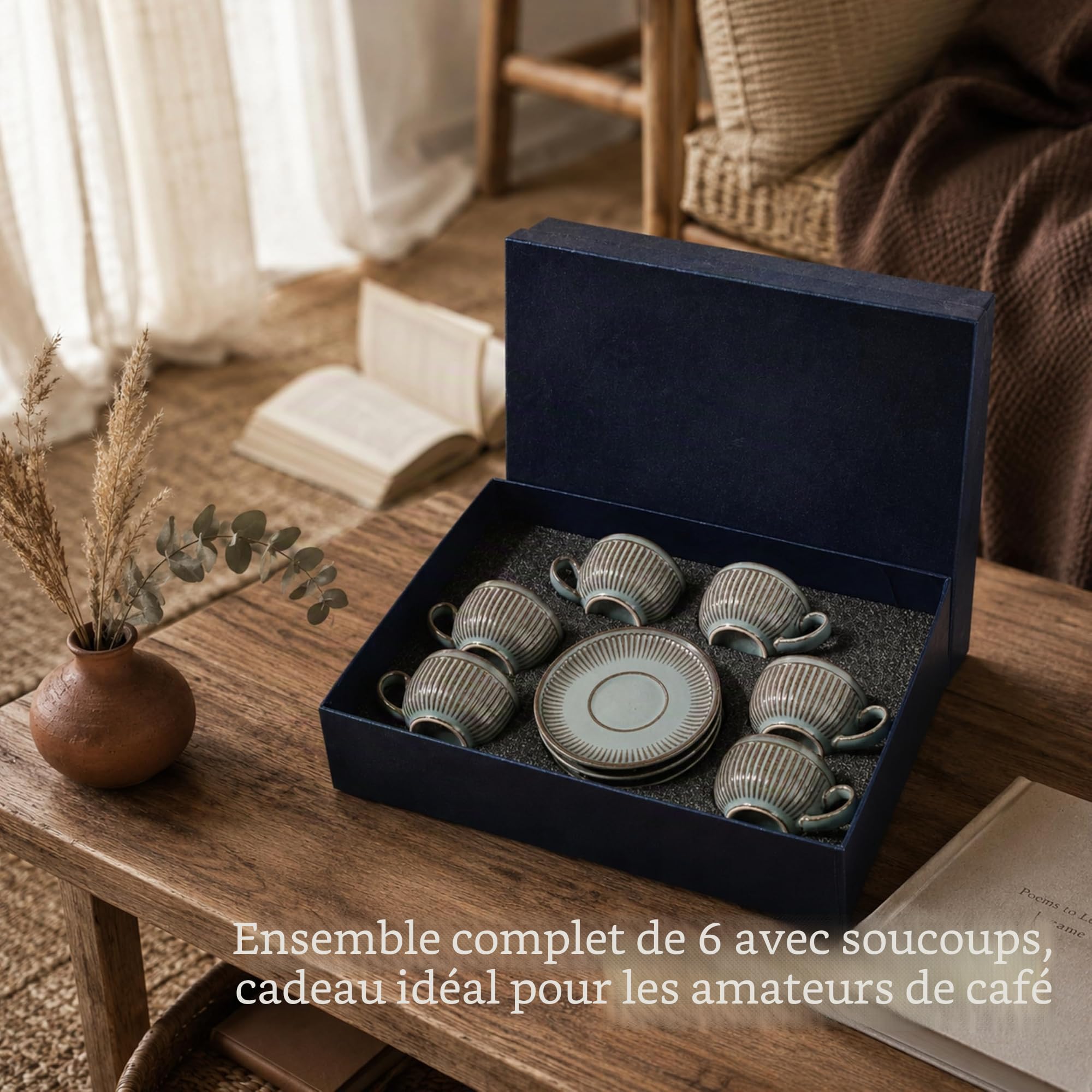 6 Tasses à Café Expresso avec Soucoupes-Tasses 100ml avec Anse - Motif Rayé - Couleurs Uniques de Kiln, Parois Épaisses, Coffret Luxe,Conserve la Chaleur, Idéale pour Café & Thé - Gris