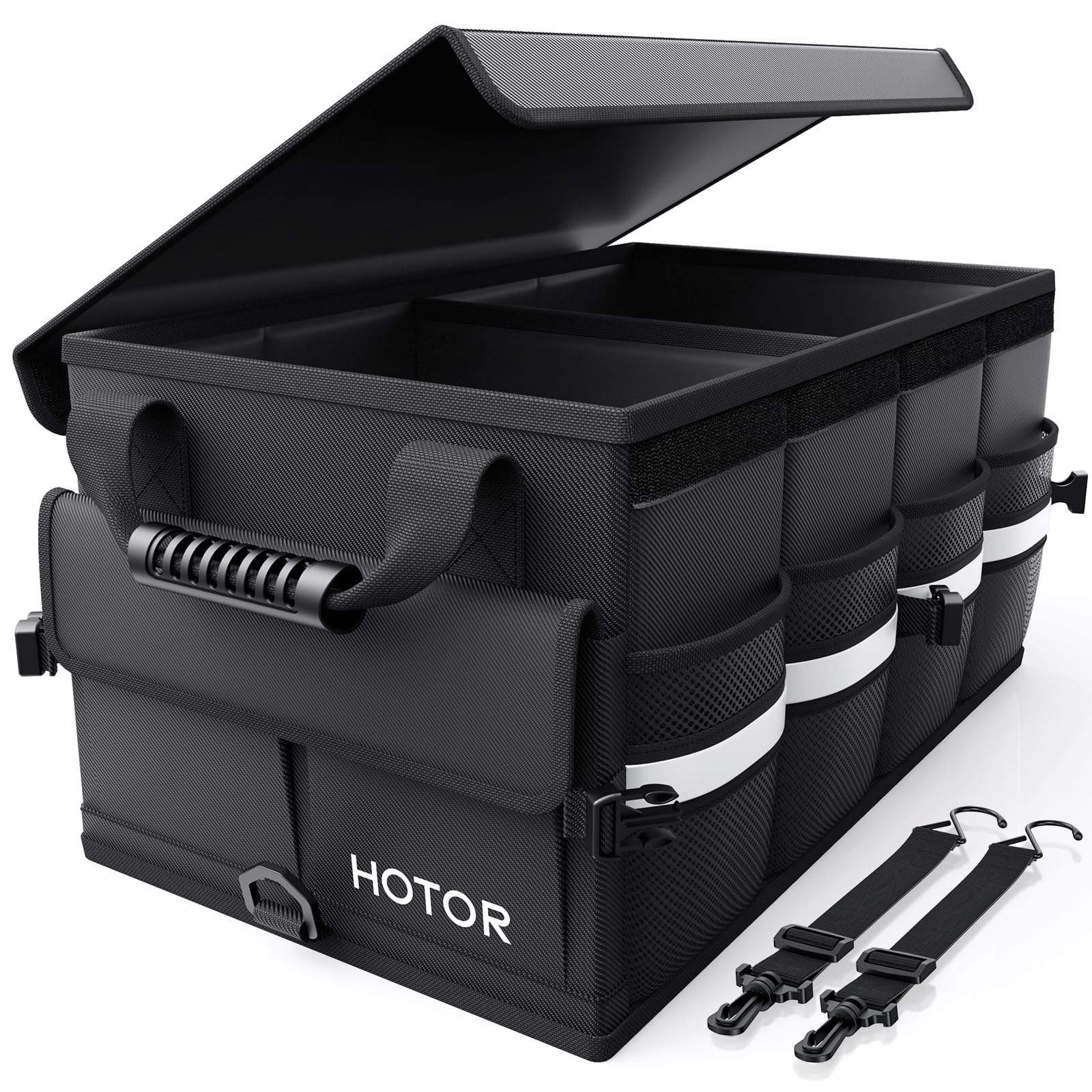 HOTOR Car Trunk Organizer - Foldable Trunk Organizer for SUV, Car Storage with Reflective Strips & Securing Cover, Large Capacity Car Accessories for Truck, Van & Sedan, Black, 22.1" x 12.6" x 11.0"