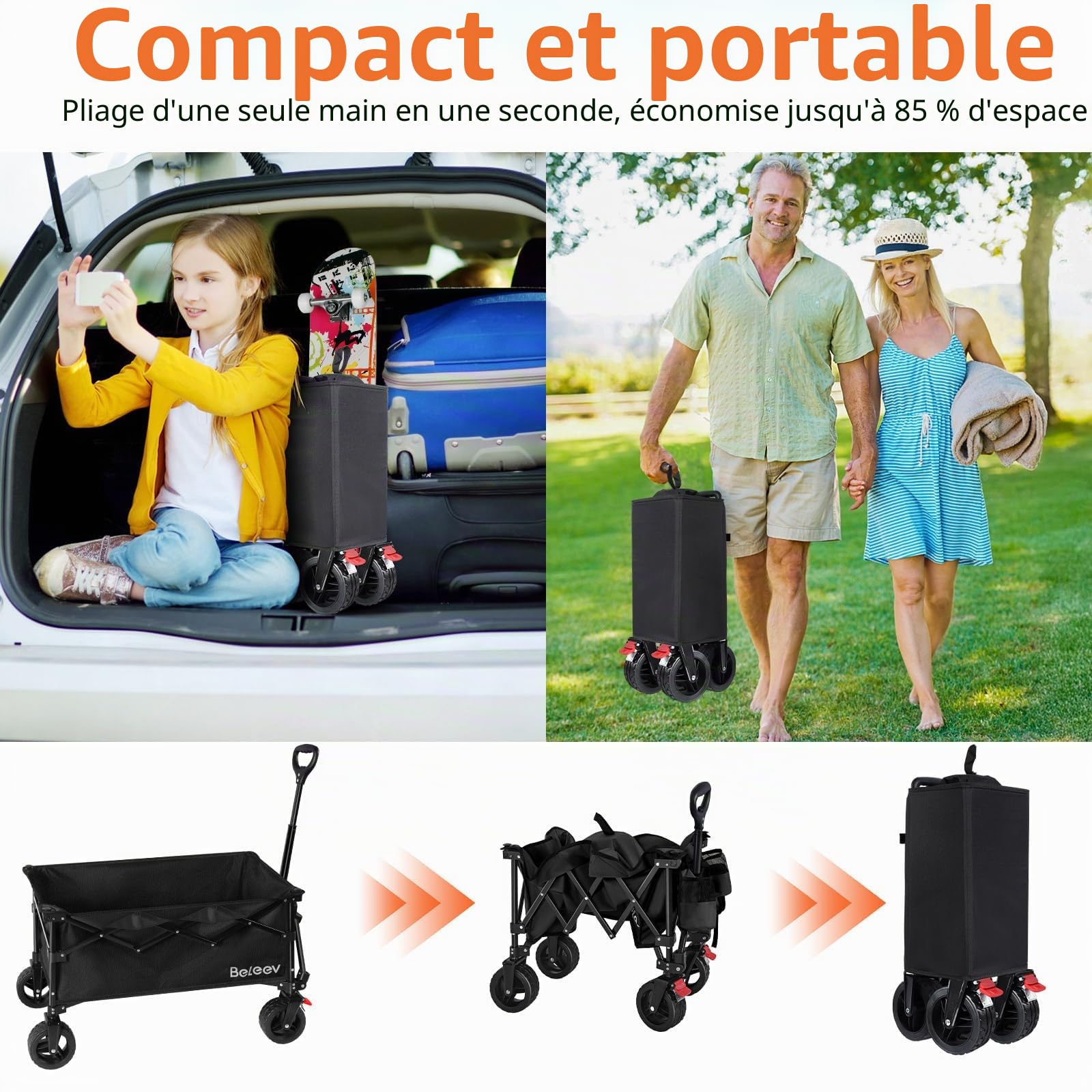 BELEEV 130L Chariot Pliable avec Freins, Chariot de Plage 6inch Roues Tout Terrain, Poignée Réglable, Grande Capacité 100KG pour Extérieur Camping Festival, BBQ, Pique-Nique, Camping, Jardin