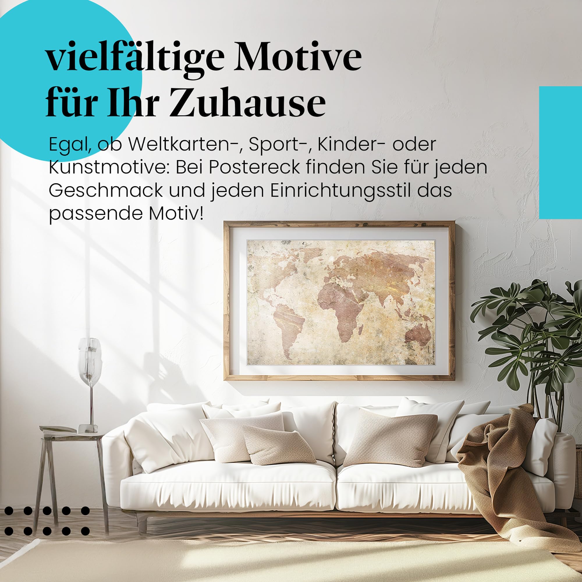 Postereck - 0671 - Vintage Weltkarte, Kontinente Alt Rustikal Retro - Unterricht Klassenzimmer Schule Wandposter Fotoposter Bilder Wandbild Wandbilder - Leinwand - 100,0 cm x 75,0 cm