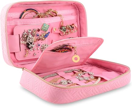 Portable Small Travel Jewelry Case Organizer for Women, Faux Leather Pink Jewelry Travel Organizer for Earrings, Necklaces, Bracelets, Rings.
