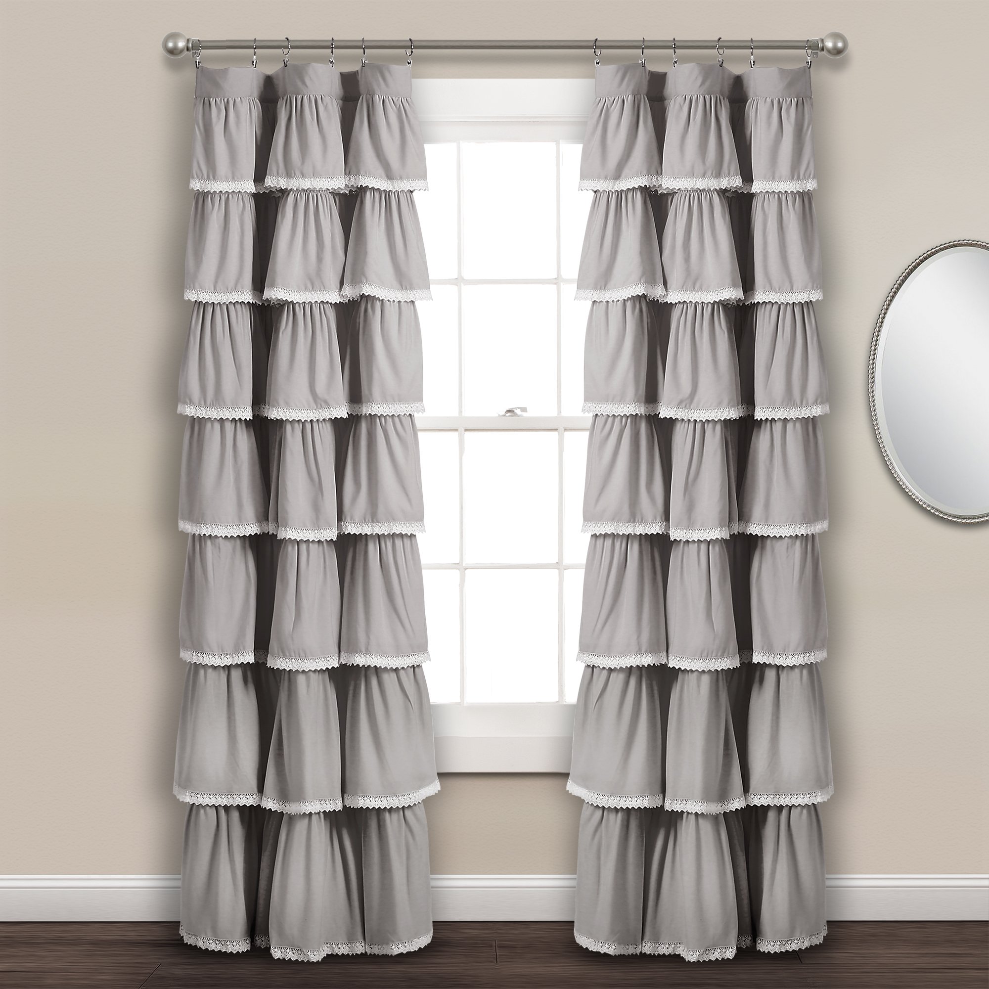 Lush Decor Lace Ruffle Window Curtain Panel, 84" x 52", Gray