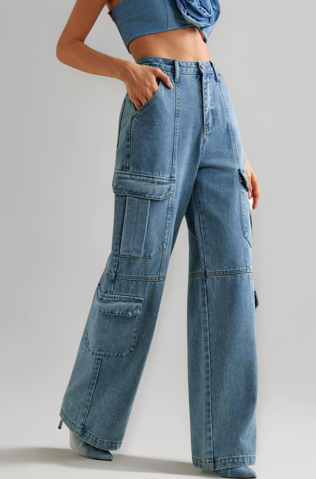 Cargo Jeans for Women โ Wide Leg High Waist Baggy Denim Pants | Casual Fit Trousers with Utility Pocket Design