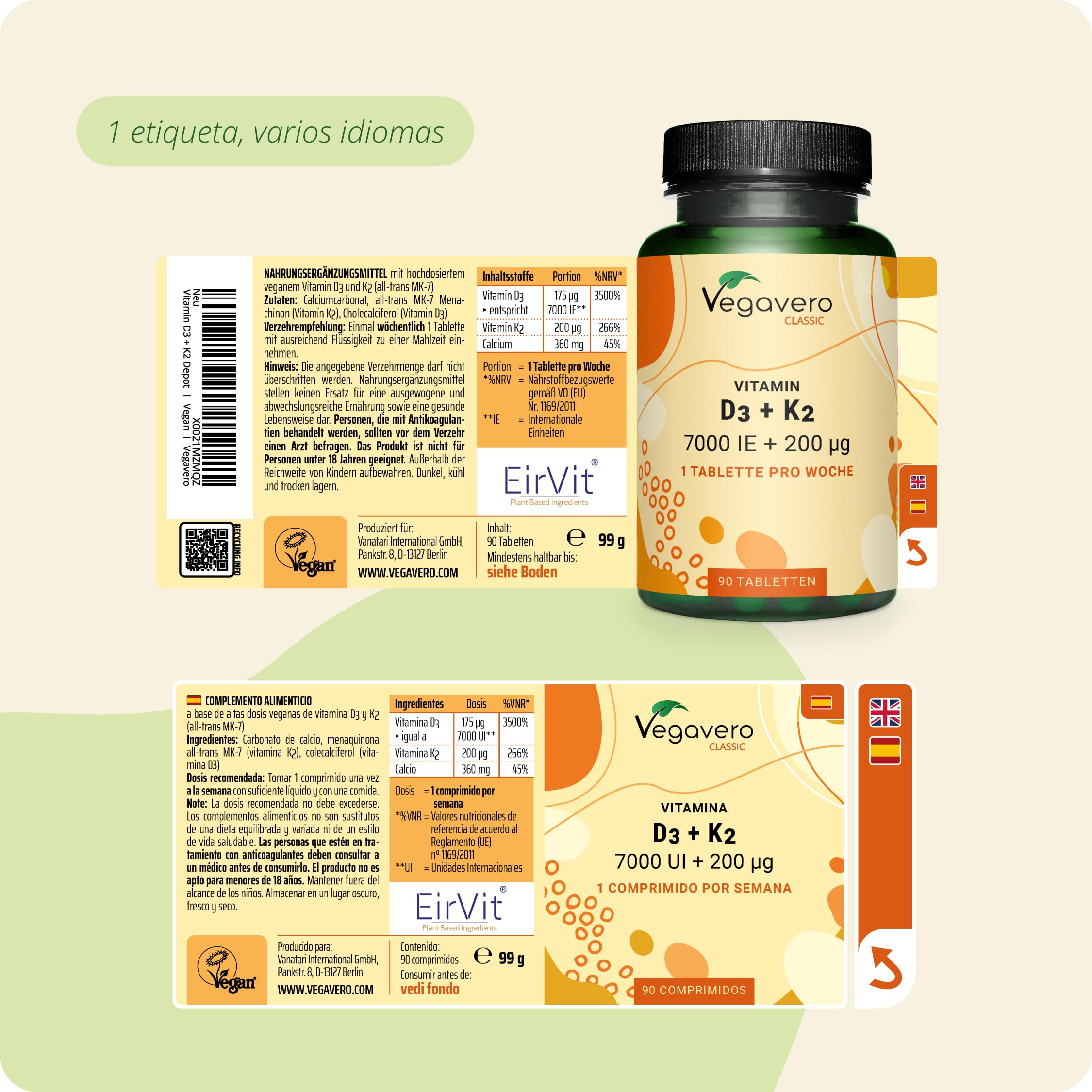 Vegavero Vitamina D3 y K2 + Calcio | PARA 20 MESES | Alta Dosis 7000 UI + 200 mcg All-Trans MK-7 | Sistema Inmune, Huesos y Músculos | Testado en Alemania | 90 Comprimidos | Sin Aditivos y Vegano