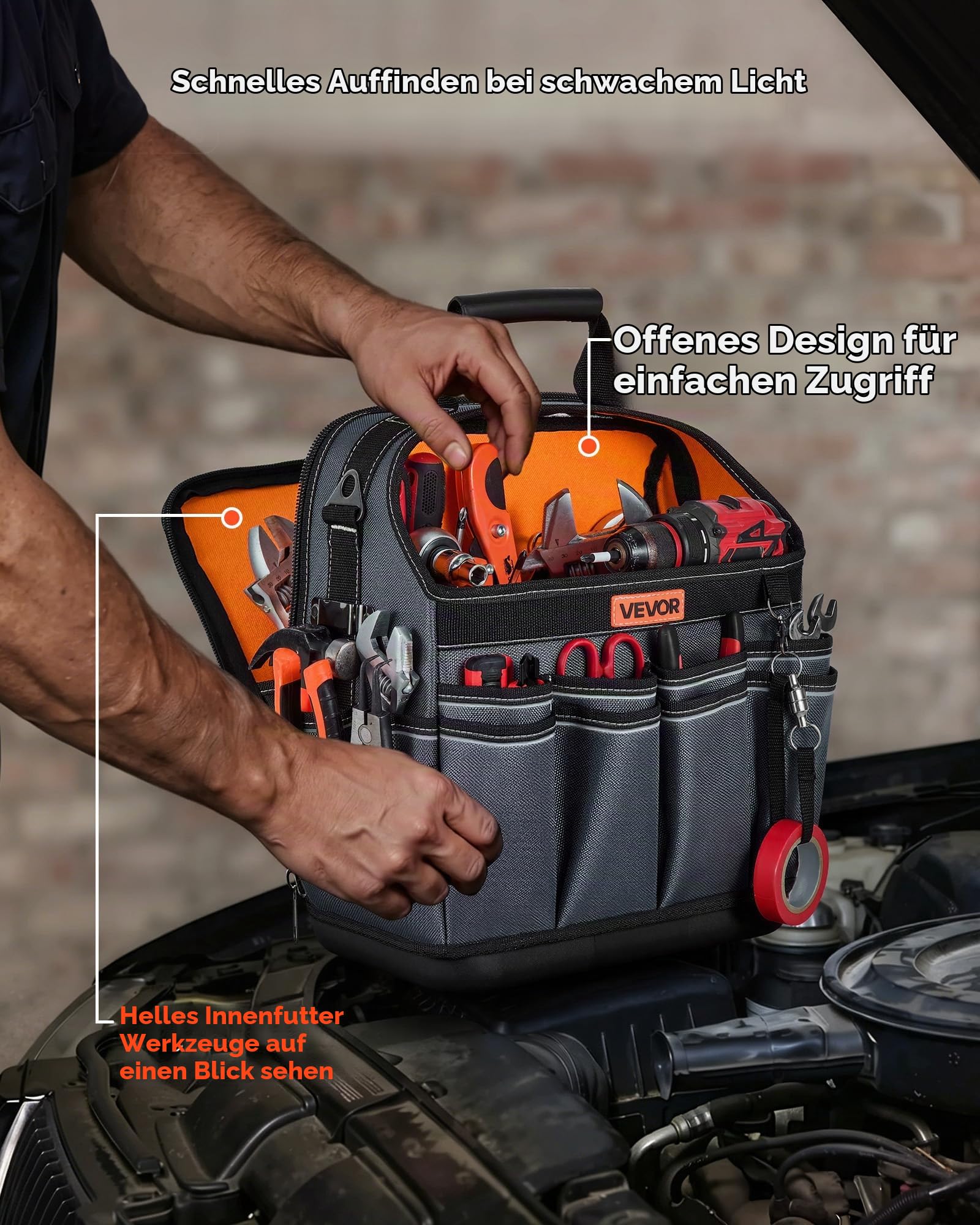 VEVOR Offene Werkzeugtasche 33,5x23x39cm, Aufbewahrungstasche mit 24 Innen- & 15 Außenfächern, Wasserfester Werkzeug-Organizer aus Polyester mit Schultergurt & Tragegriff, Werkzeugtrage für Handwerker