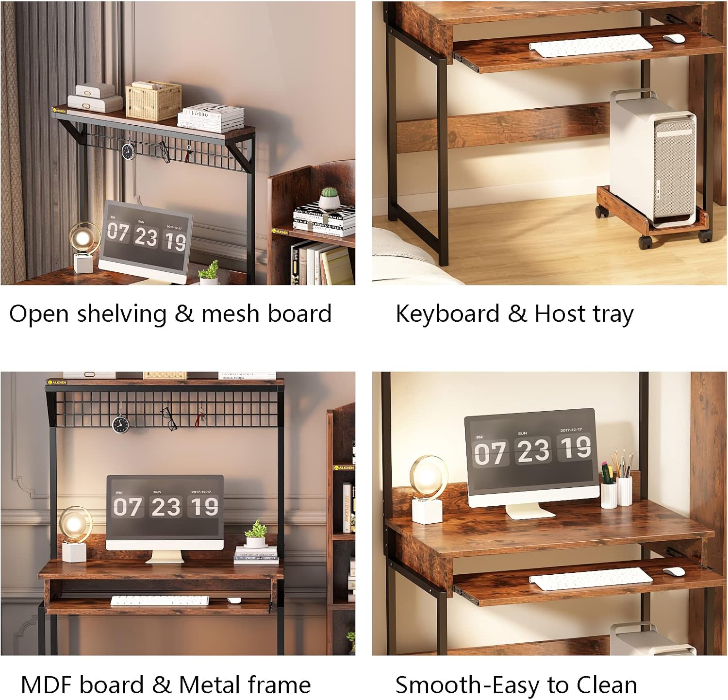 Computer Desk with Hutch and Storage Shelf，31.5 Inch Desk with Keyboard Tray, Office Study Table Writing Desk Workstation Bookshelf for Home Office, Brown