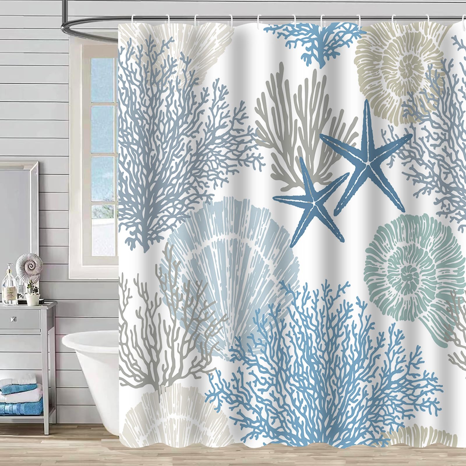 Cortina de Baño180 x 200 cm, Cortinas de Ducha de Tela con Ojales y Anillas, Cortina de Ducha Antimoho Tela Impermeable, Cortinas de Baño para Bañera o Ducha, Lavable con Agua (Algas submarinas)