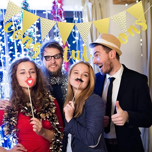 Miniatura 4 de Boao 2 Pieces 2024 Gold Congratulations Graduation Banner Triangle Flag Banner Vintage Glitter Congratulations Banner Pennant for Wedding Baby