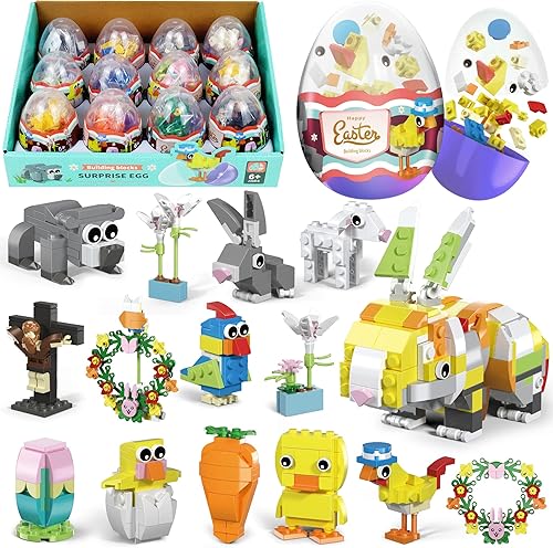 Mosoan Paquete de 12 huevos de Pascua prellenados con juguetes en el interior, bonitos bloques de construcción de Pascua con huevos de Pascua de