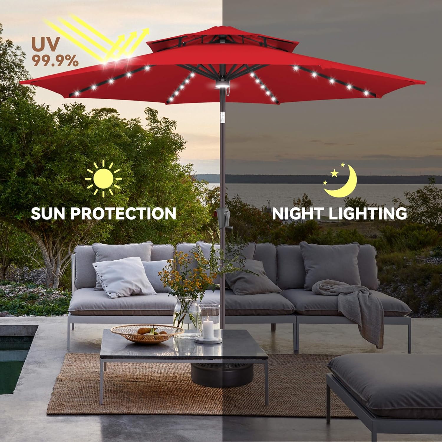 9ft Solar Umbrella Outdoor - Double Top Lighted Patio Umbrella with 40 LED Lights Waterprool Uv Protection, Table Umbrella with Tilt & Crank for Pool, Porch, Garden, Backyard(Red) - Image 5