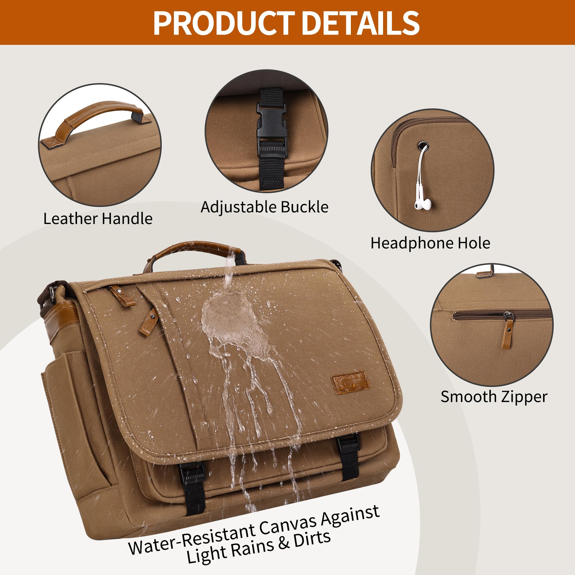 Estarer 15.6-17.3 Inch Laptop Messenger Bag for Work School,Mens Water Resistant Canvas Crossbody Shoulder Bag