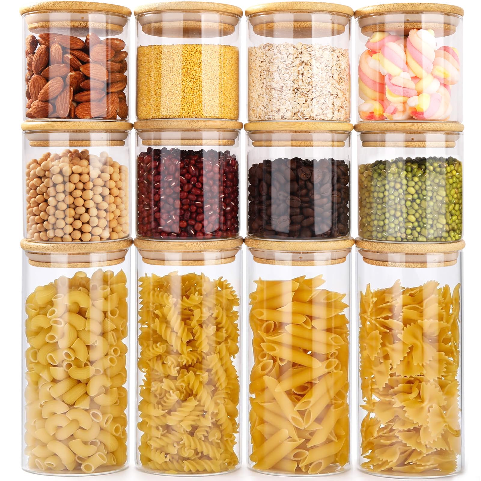 Lot de 12 Bocaux en Verre, 650ml/300ml - Pot en Verre avec Couvercle en Bambou - Pot de Rangement Cuisine - Bocal Hermétique Boite Rangement pour Pâtes, Céréales, Haricots, Épices