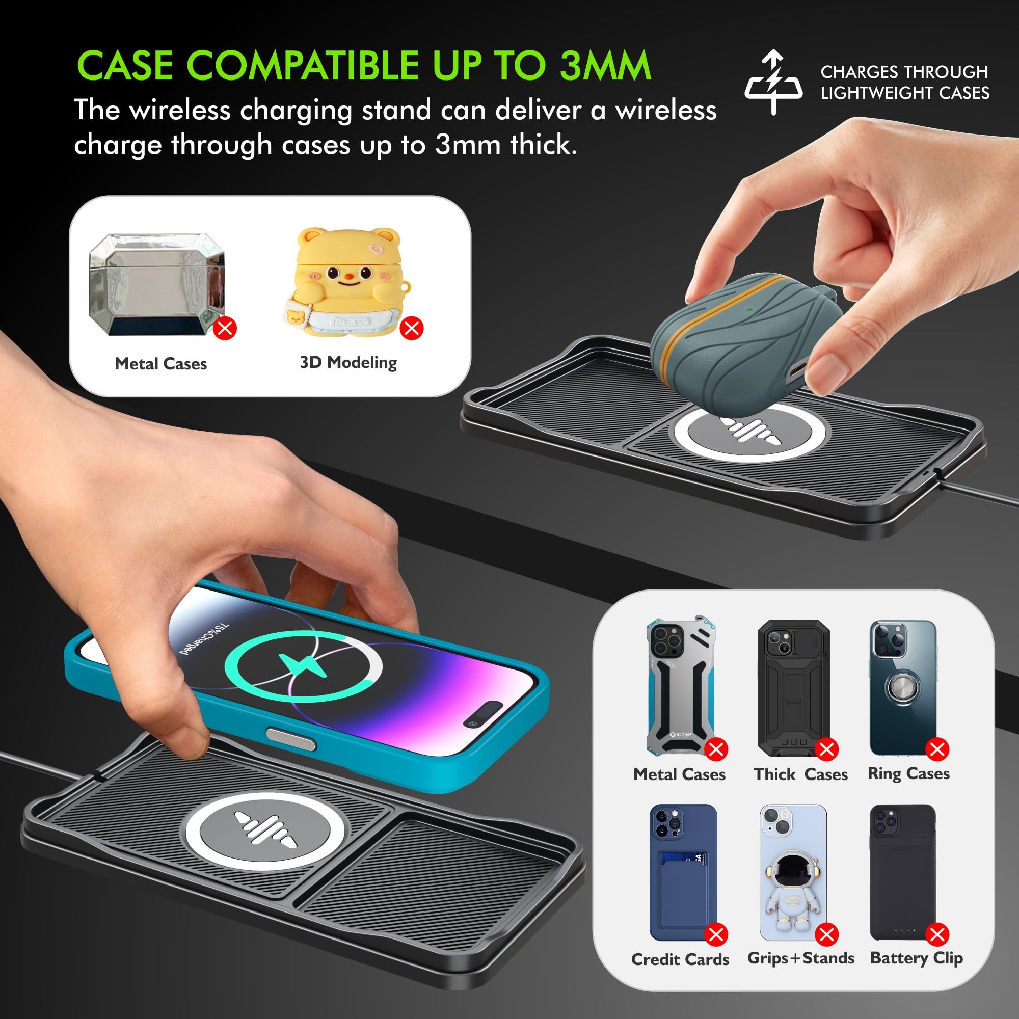 Caricabatterie wireless da auto, antiscivolo, 15 W, caricabatterie rapido per iPhone 16/15/14/13/12 Pro Max, Samsung S23 S22 S20 per Android, cavo da 30 cm