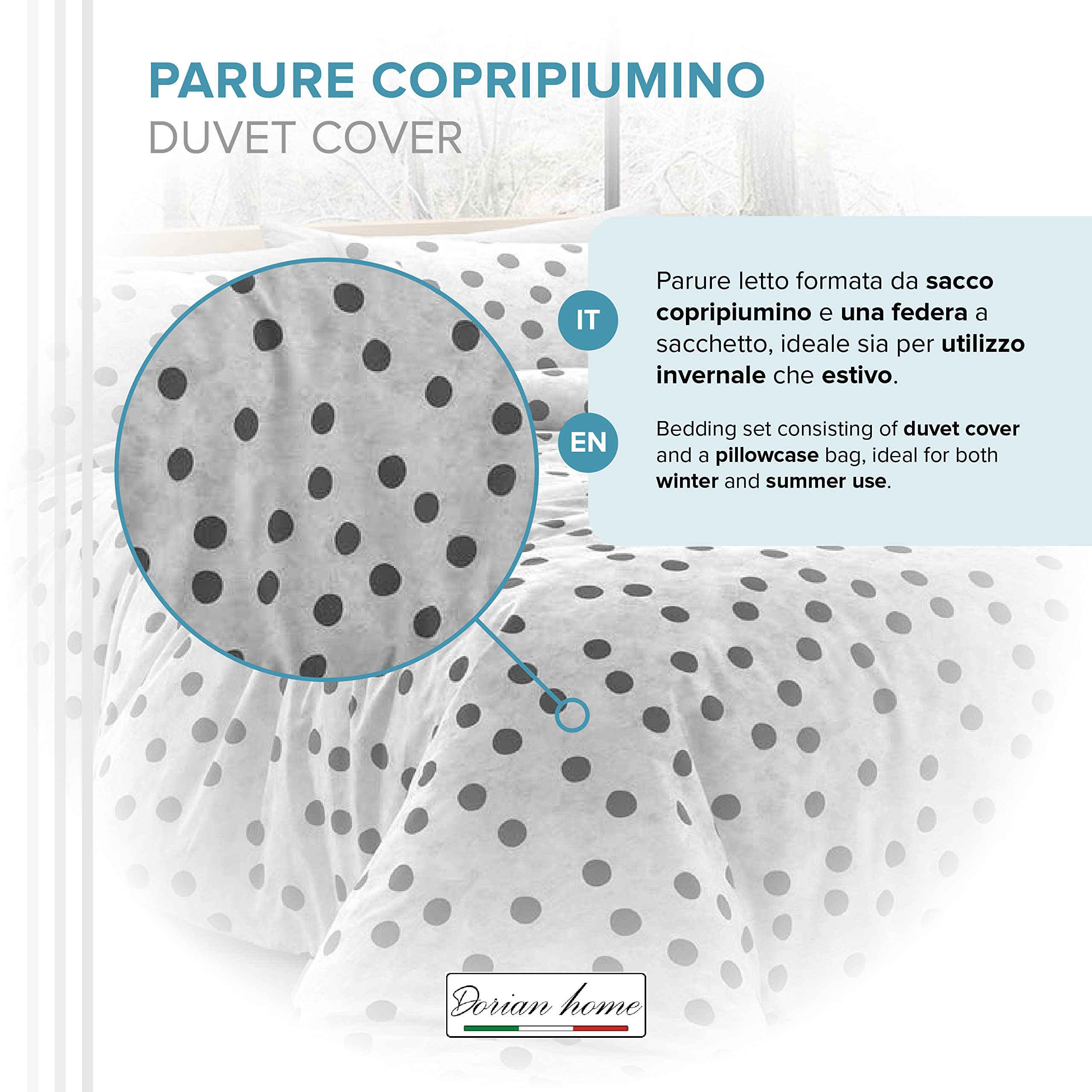 Set Copripiumino 100% Cotone Natural Color, Made in Italy - Parure Copri Piumino - Sacco Piumone 150x200 cm con Doppia Patella e Federa Cuscino, Singolo, Ottanio/Grigio Chiaro