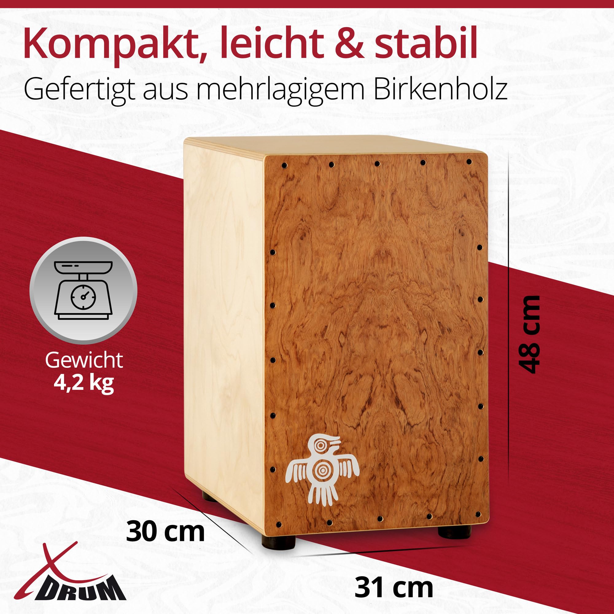 XDrum Cajon Peruana Hard Wood (3 mm Schlagplatte, 9 mm Birkenkorpus, 48 cm hoch, inkl. Rucksack-Tasche)