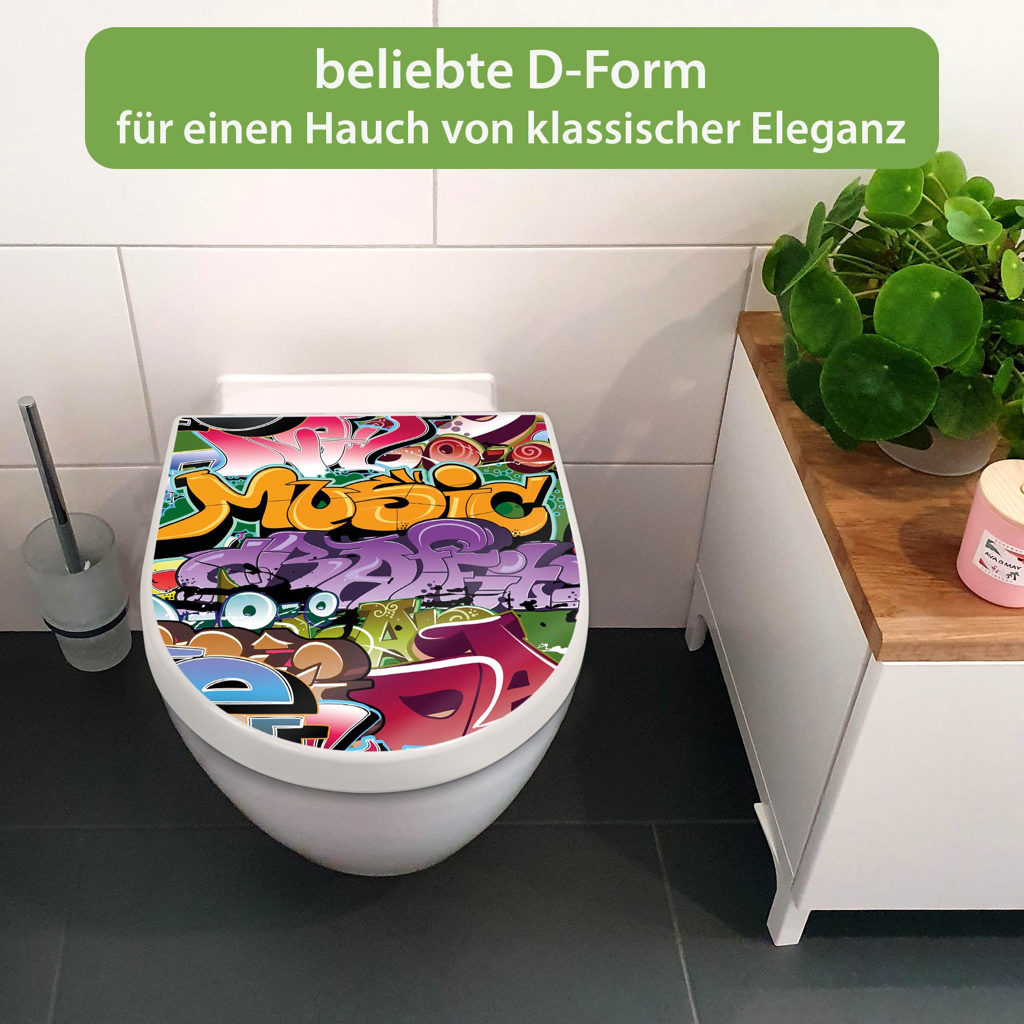 banjado WC Sitz mit Absenkautomatik D Form - Toilettendeckel mit Absenkautomatik D Form - Klodeckel Softclose - stabile Klobrille - Toilettensitz Weiß - Motiv Graffiti