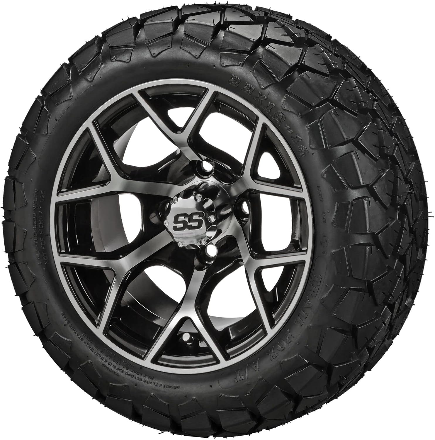 RM Cart 14" Ninja Black/Machined on 22x10-14 Trail Fox A/T Tires (Set of 4) | Golf Cart Tires and Wheels Combo with Standard Lug Nuts