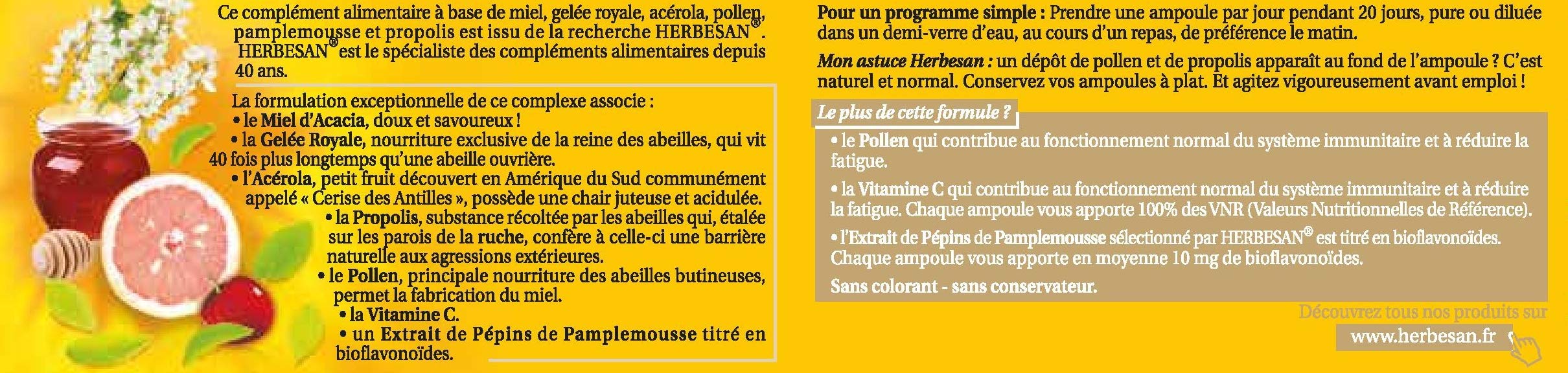 HERBESAN®- COMPLEXE VITALITÉ - Défenses immunitaire - Miel, Gelée Royale, Acérola, Pollen, Pamplemousse, Propolis - 20 ampoules de 10 ml (Lot de 2)