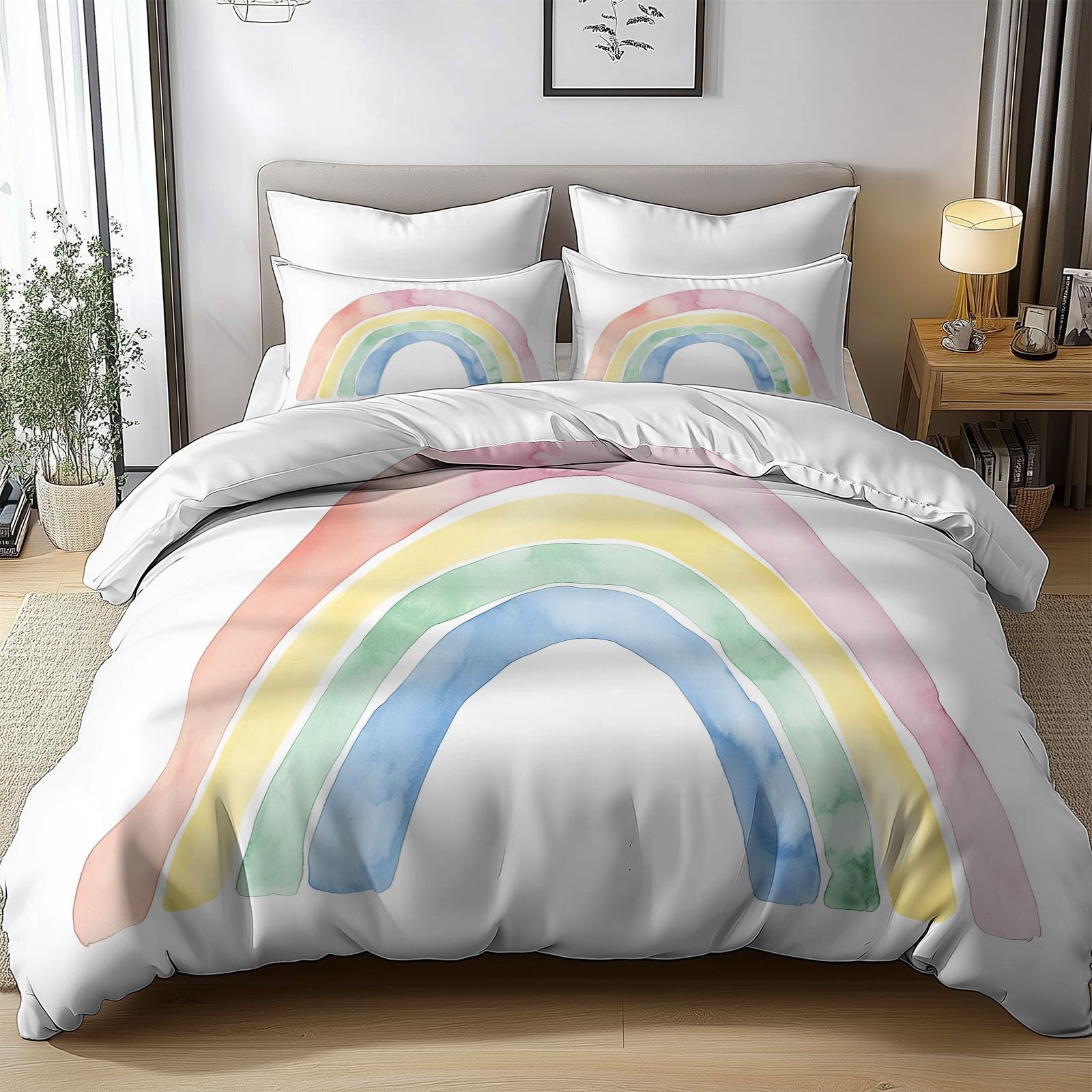 Zestaw poszewek na kołdrę 200 x 200 cm tęczowa akwarela kreskówka zestaw pościeli 2-osobowej i 2 poszewki na poduszki 65x65 cm, 100% komplet pościeli z mikrofibry z zamkiem błyskawicznym, biały