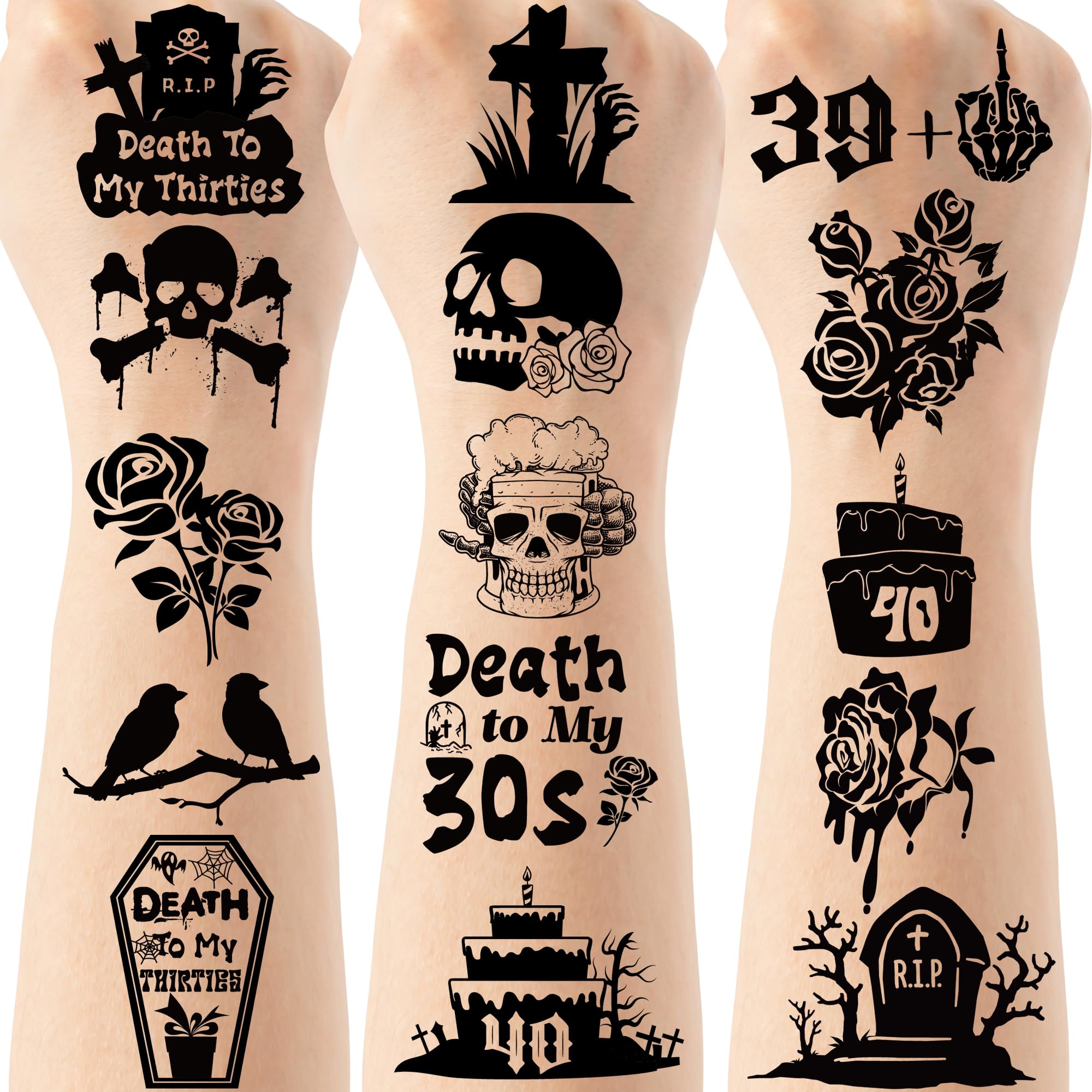 Death to My 30s Birthday Decorations - 296 Pcs Rip to My 30s Temporary Tattoos, Birthday Party Favors, Black Skull Rose Cake Designs Party Supplies,