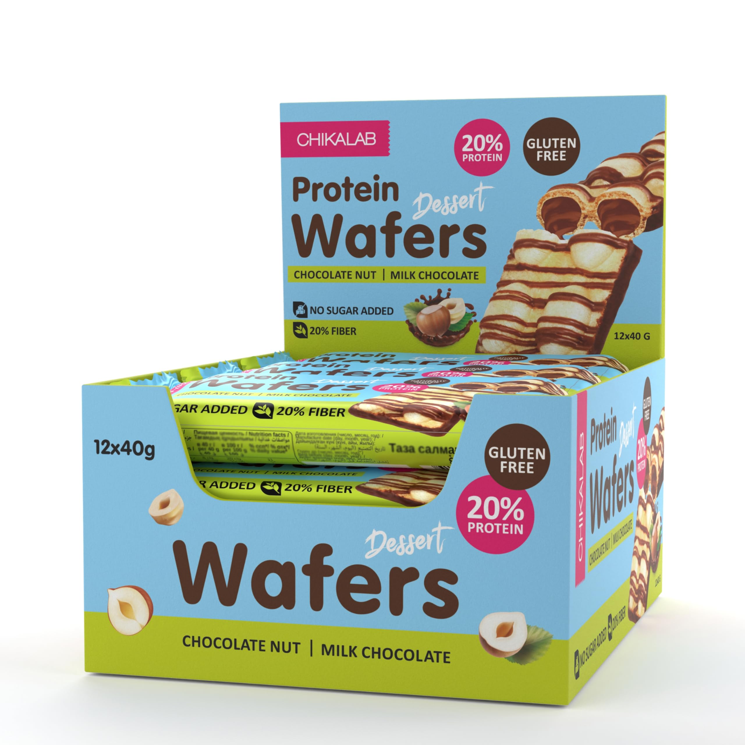 Chikalab Protein Wafers Dessert Milk Chocolate with Chocolate Hazelnut Filling Gluten Free & No Sugar Added 12x40gChikalab Protein Wafers Dessert Milk Chocolate wi…