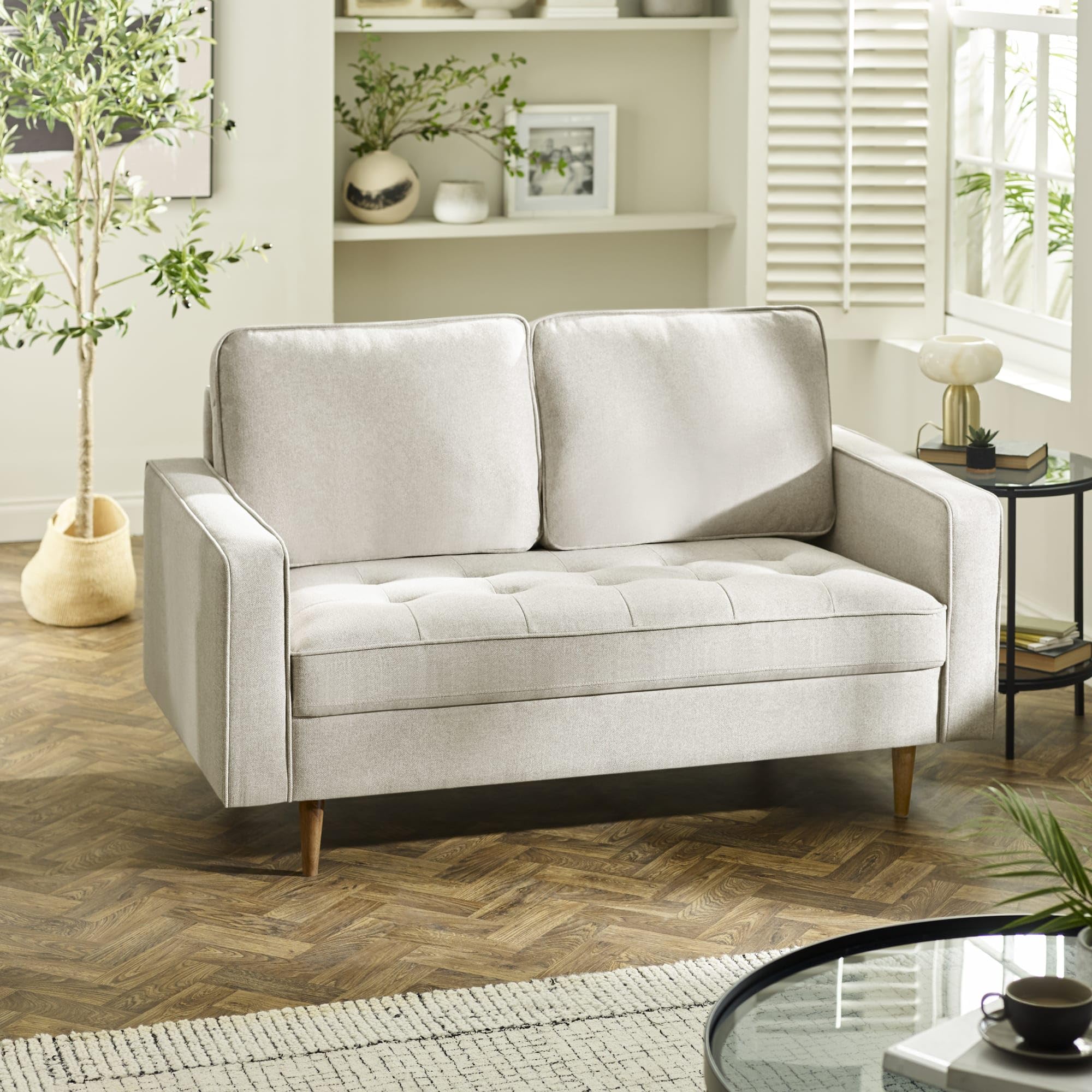 Julian Bowen Henrietta 2 Seater Beige Sofa, Linen Upholstered Couch with Brown Legs, Loveseat Settee for Living Room - 91 x 152 x 90cm