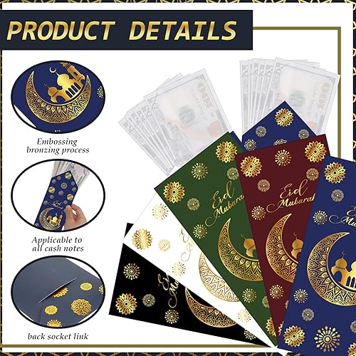 Miniatura 3 de Outus 60 sobres de dinero Eid para dinero en efectivo, sobres de regalo Eid Mubarak, sobres de punta de lámina dorada, soportes surtidos para