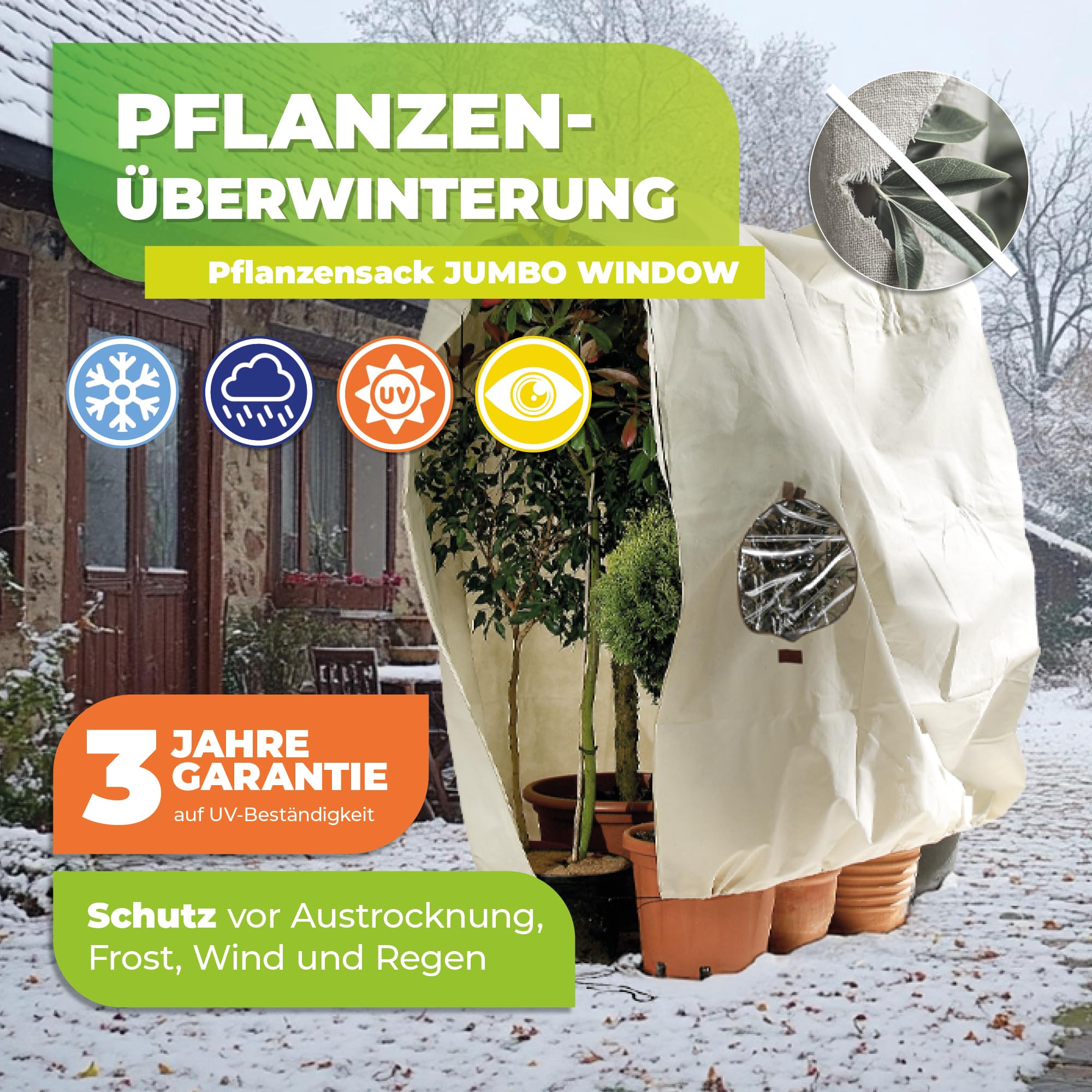 Bio Green Worek na rośliny doniczkowe z okienkiem "Jumbo – Window" z mikrowłókniny | worek chroniący rośliny przed mrozem, wiatrem, śniegiem, deszczem i wysychaniem | wys. 200 x szer. 240 cm