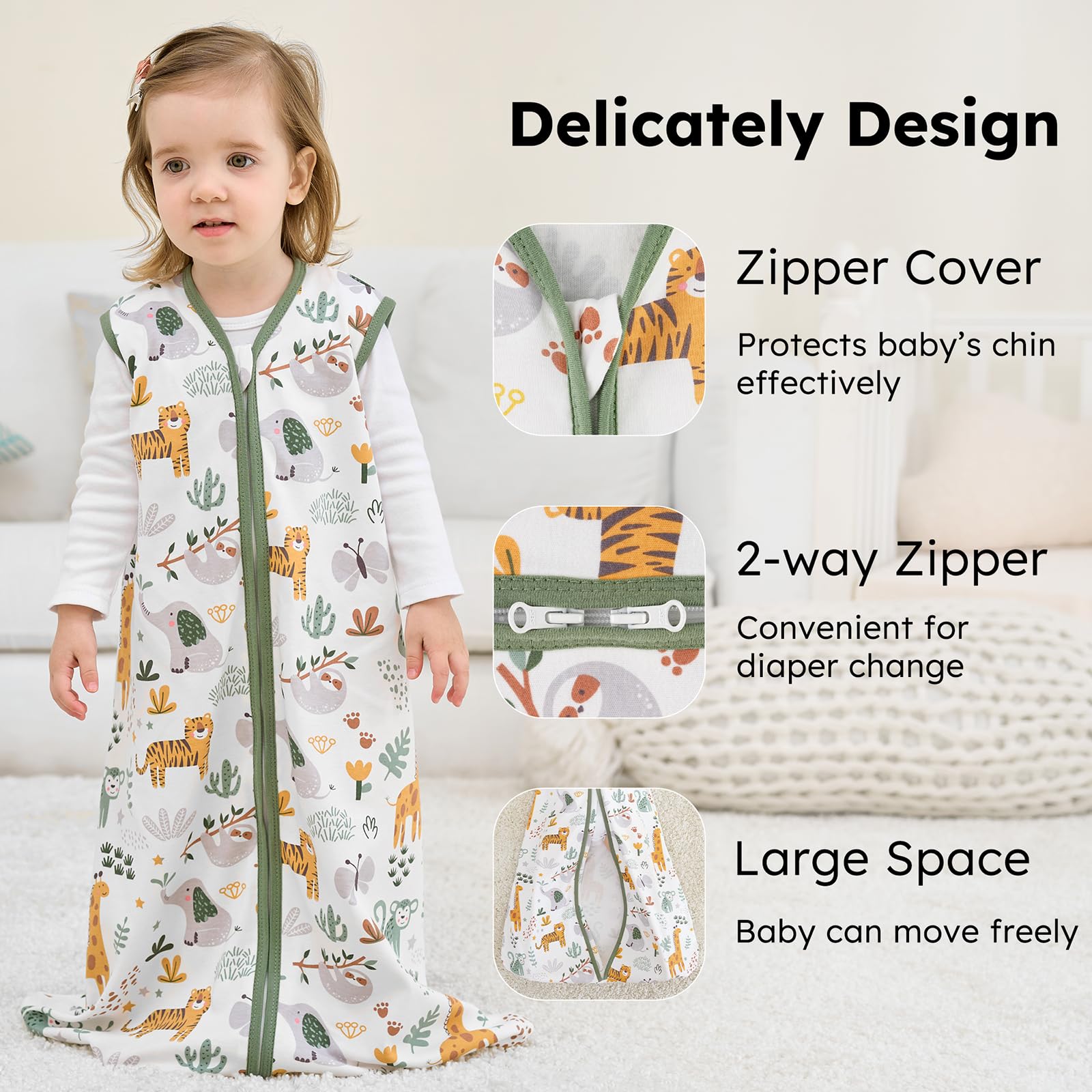 FIEMOL Baby Sleep Sack 12-18 months, 100% Cotton Sleeping Sack for Newborn and Infant, 3 Pack Baby Wearable Blanket, 0.5 Tog Lightweight Double Zipper Sleep Bag Green Brown Giraffe - 2