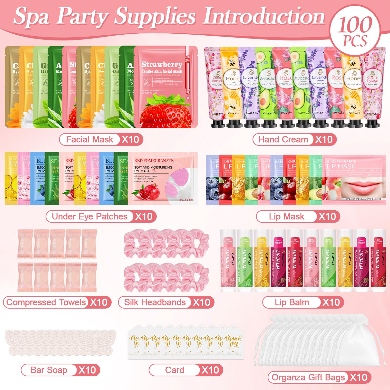 100Stück Geschenkset für Frauen Hautpflege, Beauty Skincare Set für Mädchen | Spa Party Geschenke Mit Gesichtsmasken, Handcremes, Lippenbalsam, Augenpads, Lippenmaske, Spa-Übernachtungsparty-Zubehör