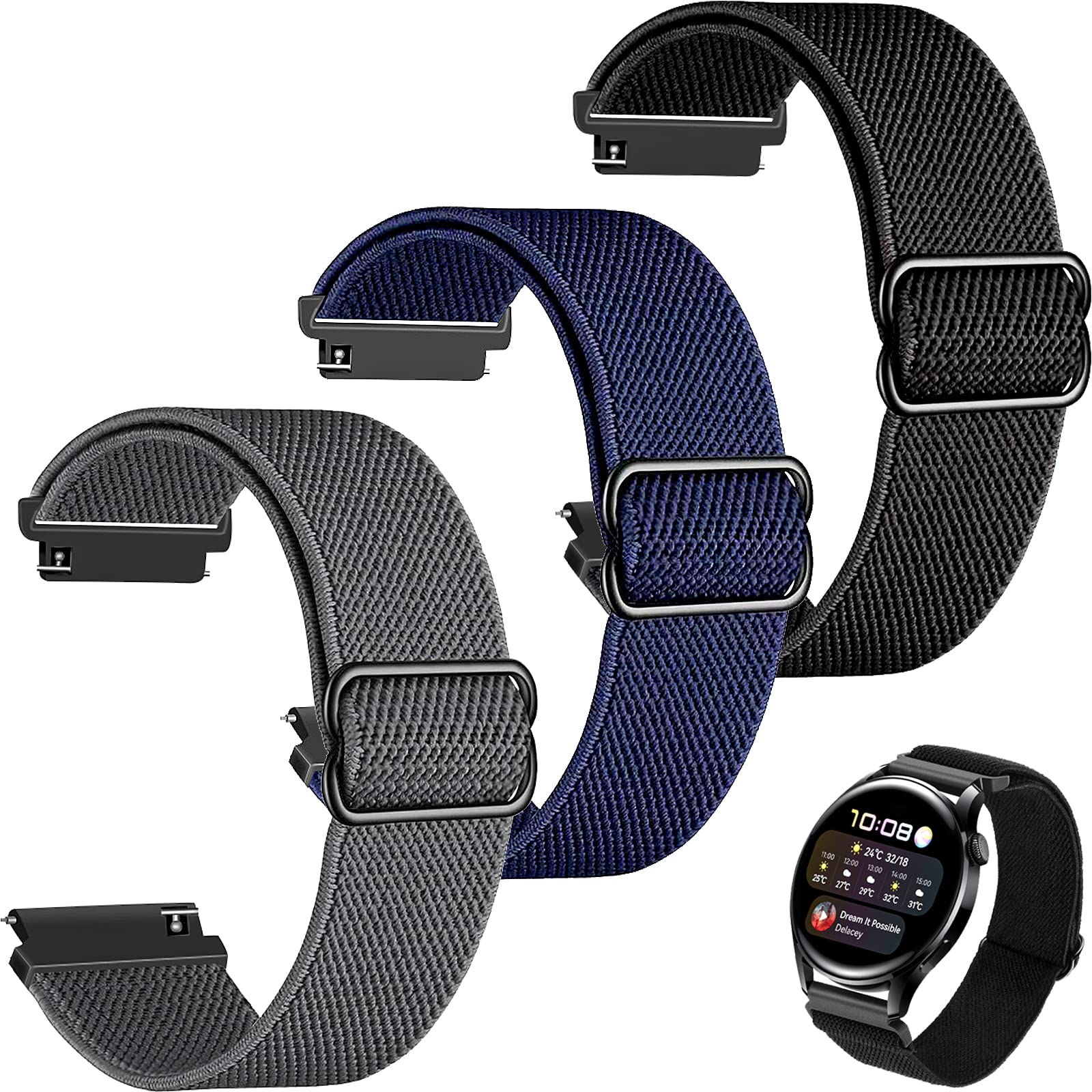 3 Pcs Correas de Nylon para Reloj 22mm Ajustable Correas Reloj de Nailon para relojes y relojes inteligentes