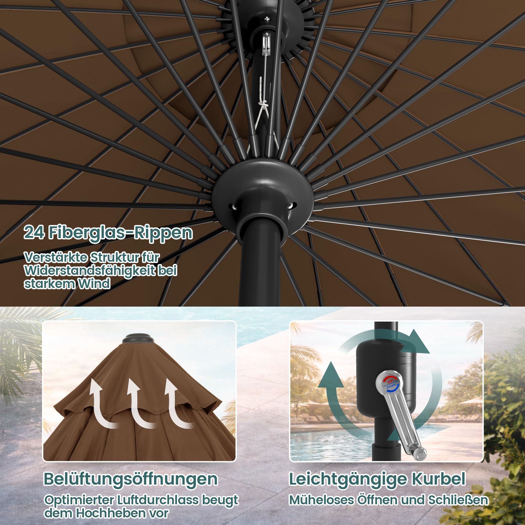 Pamapic 2,7m Sonnenschirm Shanghai mit 24 Fiberglasstreben, Kippfunktion & Kurbel, UV 40+, Balkonschirm für Terrasse, Garten, Strand