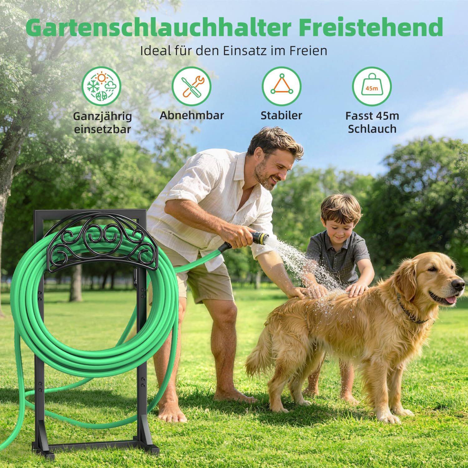 Soporte para manguera de Jardin de 109,5 cm, Soporte para Manguera de Riego de 45 m, con 2 Ganchos para Herramientas y 4 Puntas de Anclaje, Soporte e Independiente para el Jjardín y el Césped