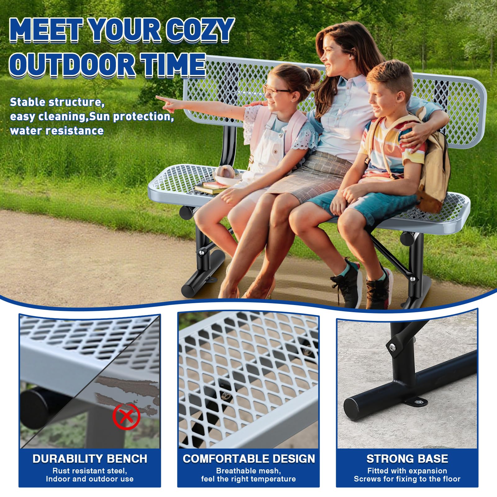 Thermoplastic Coated Iron Park Bench for Outside, Heavy Duty Metal Garden Bench, Expanded Commercial Grade Seating for Shopping Malls, Lawn Yard Porch Entryway (Grey with Backrest, 48IN)