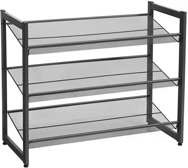 SONGMICS 3-Tier Shoe Rack Storage, Steel Mesh, Flat or Angled Stackable Shelf Stand for 9 to 12 Pairs of Shoes, Black LMR03B