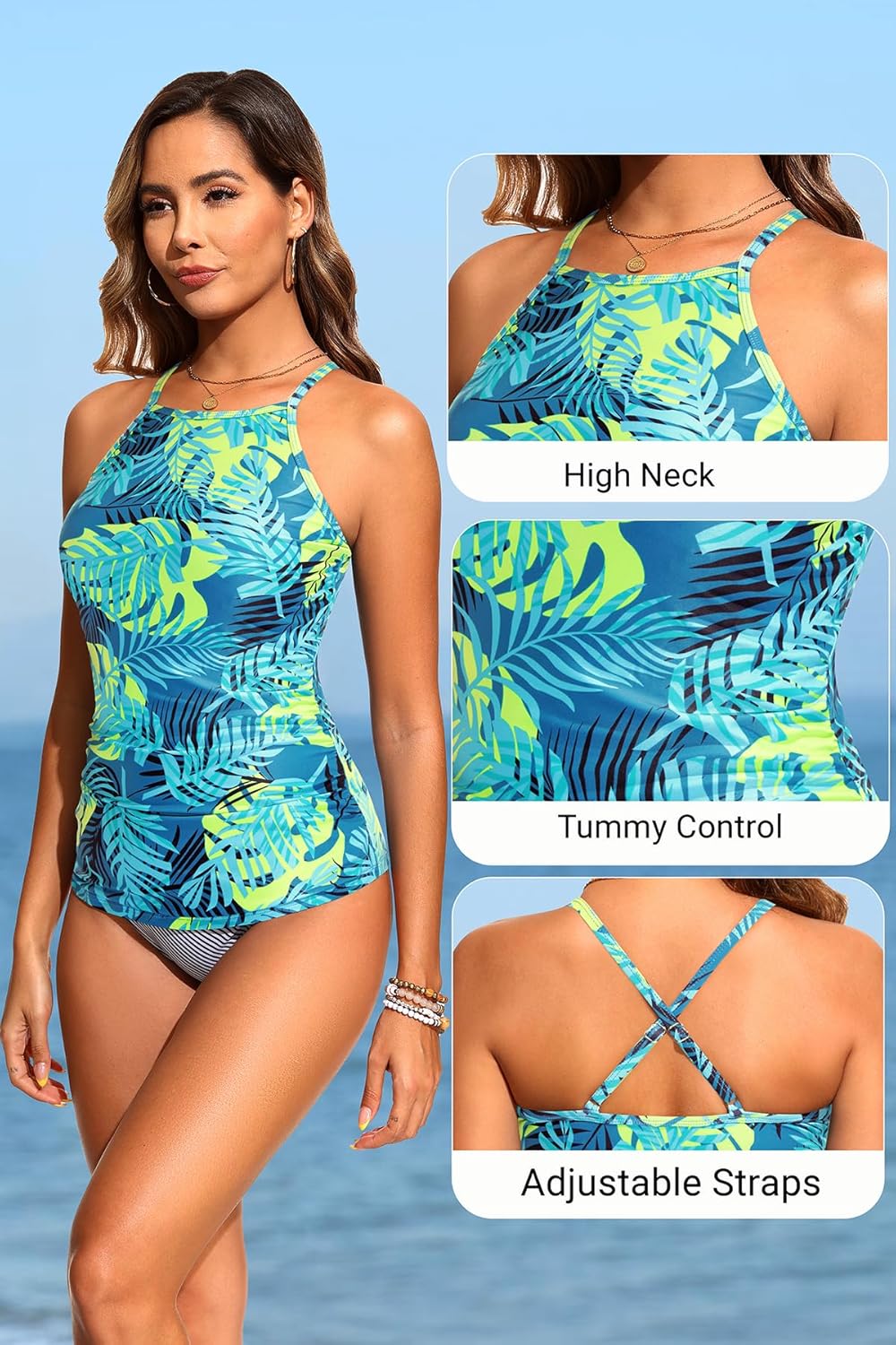 Women Tankini Swim Top Only - High Neck Bathing Suit Tops Tummy Control Tank Top No Bottom - Image 5