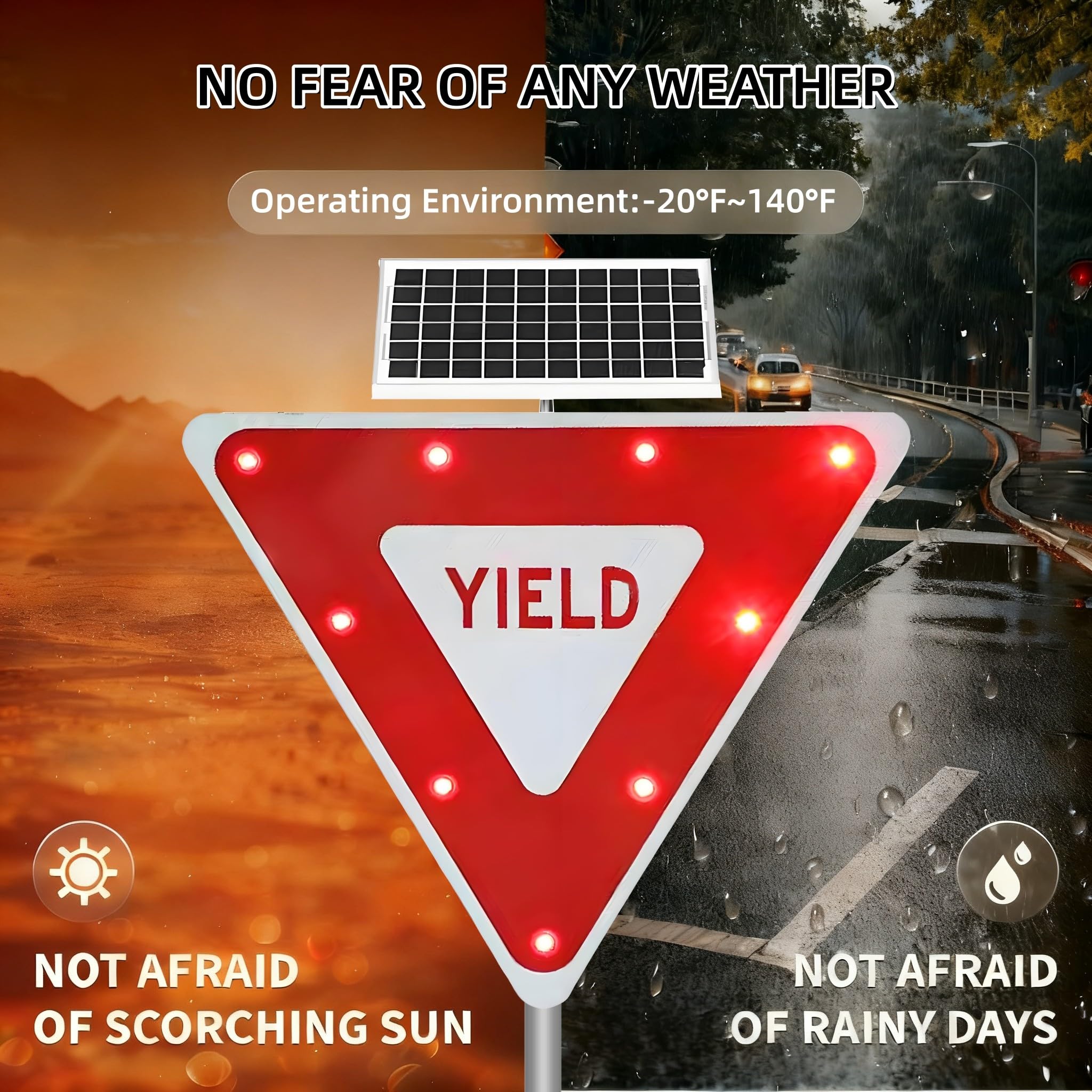 Señal de Ceda el Paso 76 cm - Señal de Tráfico Triángulo Invertido LED, Energía Solar, Superficie Roja Reflectante para Fábricas, Estacionamientos y Cruces Peatonales