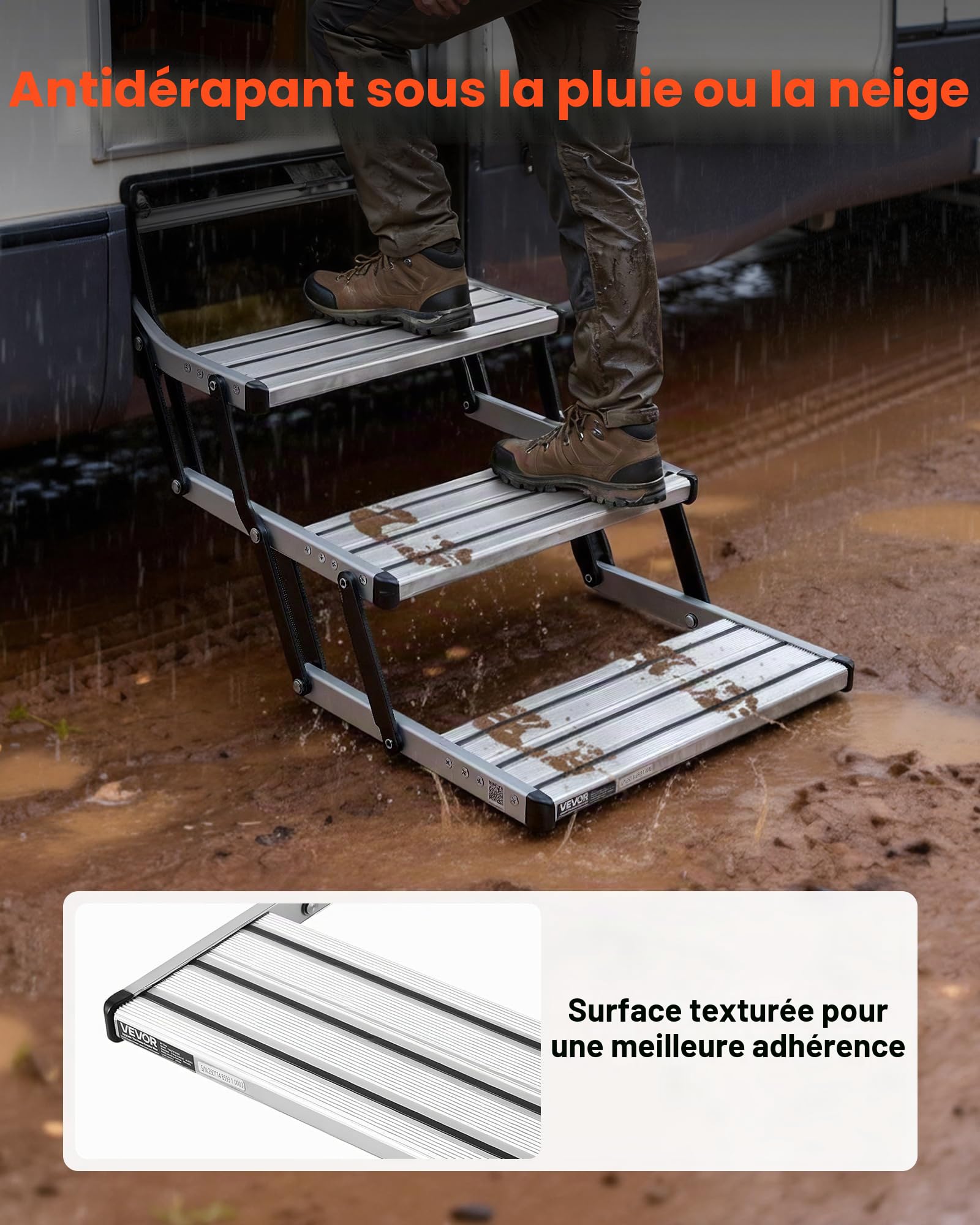 VEVOR Escalier Pliable à 3 Marches, Marchepied Rétractable Manuel,Structure en Acier, Marches Télescopiques Antidérapantes en Alliage d'Aluminium, pour Camping-Car Caravane Remorque, Capacité 200 kg