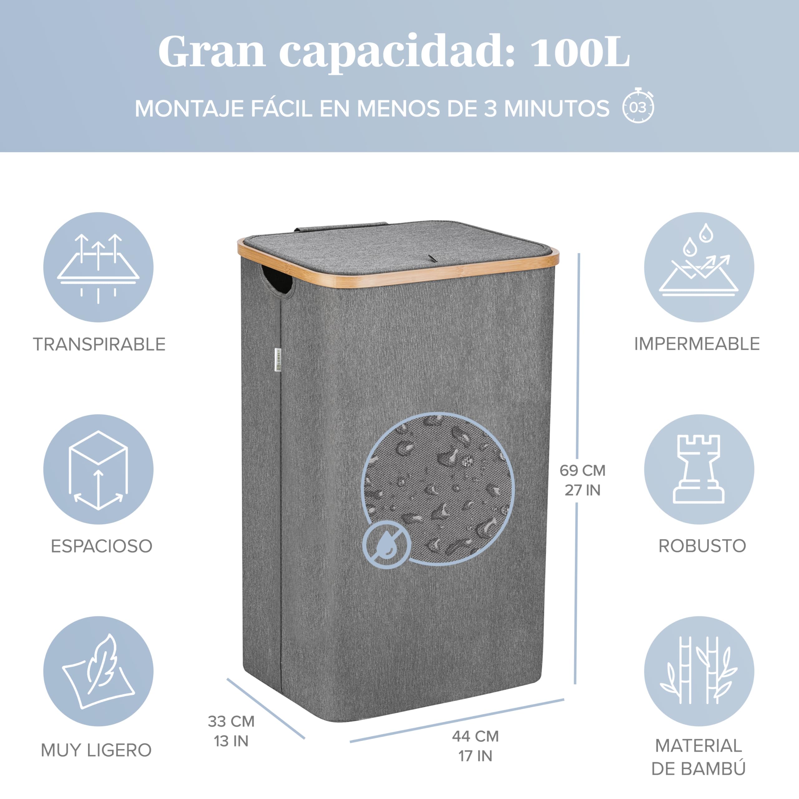 LONBET 100L Cesto Ropa Sucia con Tapa y Estructura de Bambú - Cubo Ropa Sucia Estético con Bolsa Extraíble, Asas Cómodas y Tela Transpirable para Uso Diario Eficiente - Laundry Basket, Gris
