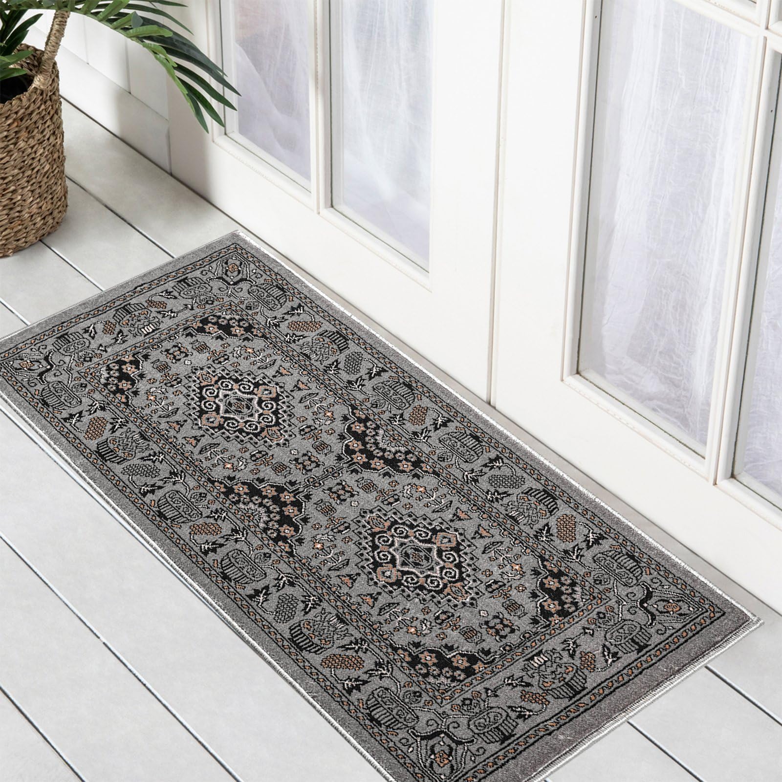 renoazul® Door Matts Indoor With Jute Back, Soft Pile Oriental Rug - Zinat 60 x 110 cm Grey - Washable Rug For Kitchen, Bedside Rugs and Welcome Mat