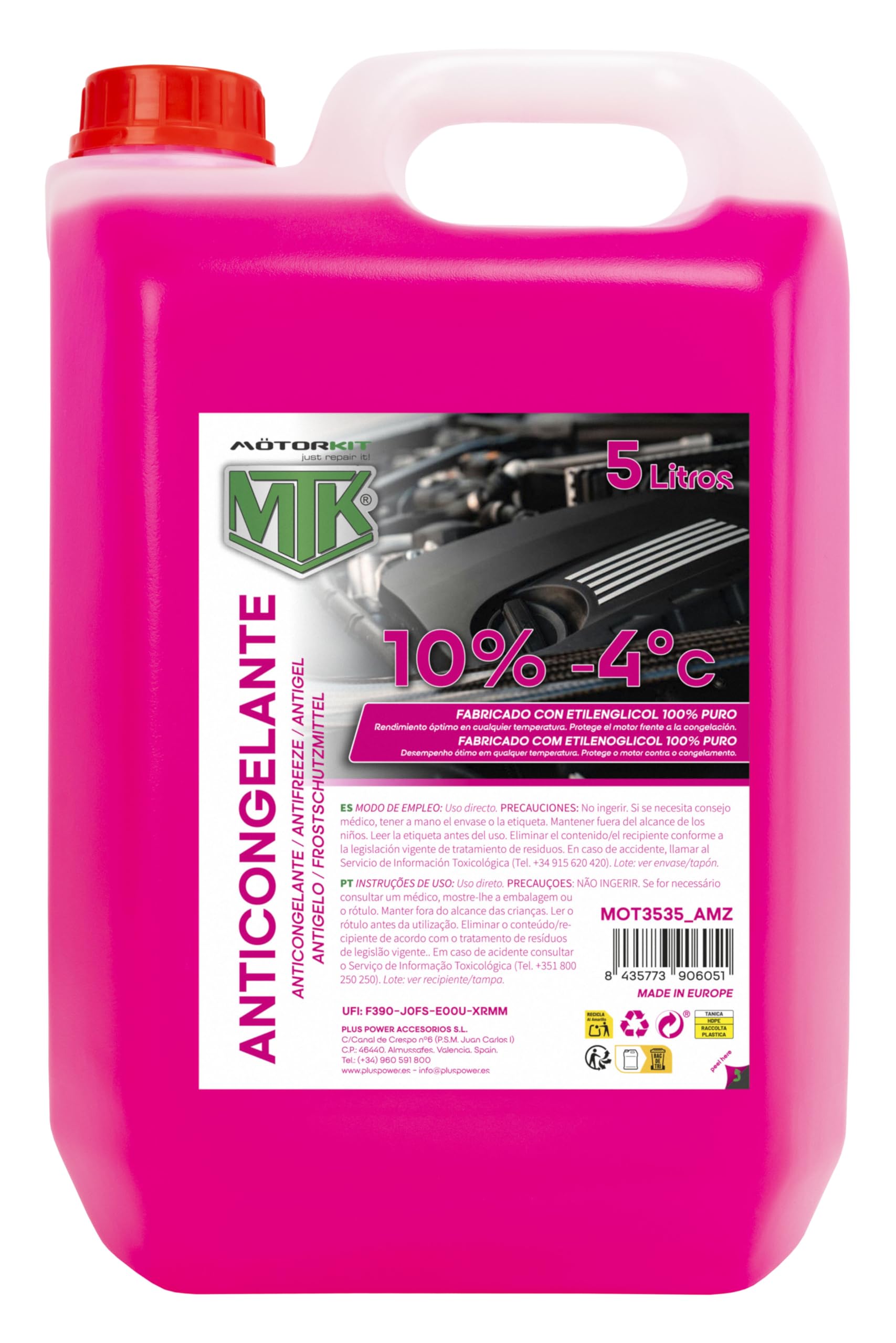 Motorkit MTK Pink Antifreeze Coolant 5 L, –4°C, Ready to Use, 10%, 100% Pure Ethylene Glycol, Engine Protection Against Freezing and Overheating