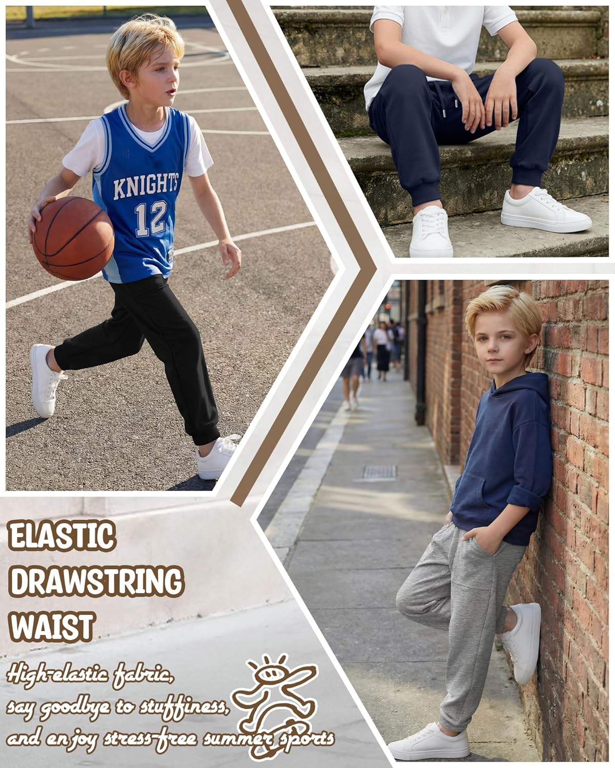 3 Pack Boy's Joggers Kids Sweatpants Elastic Waist Teens Athletic Youth Pants with Pockets Interior Drawstring
