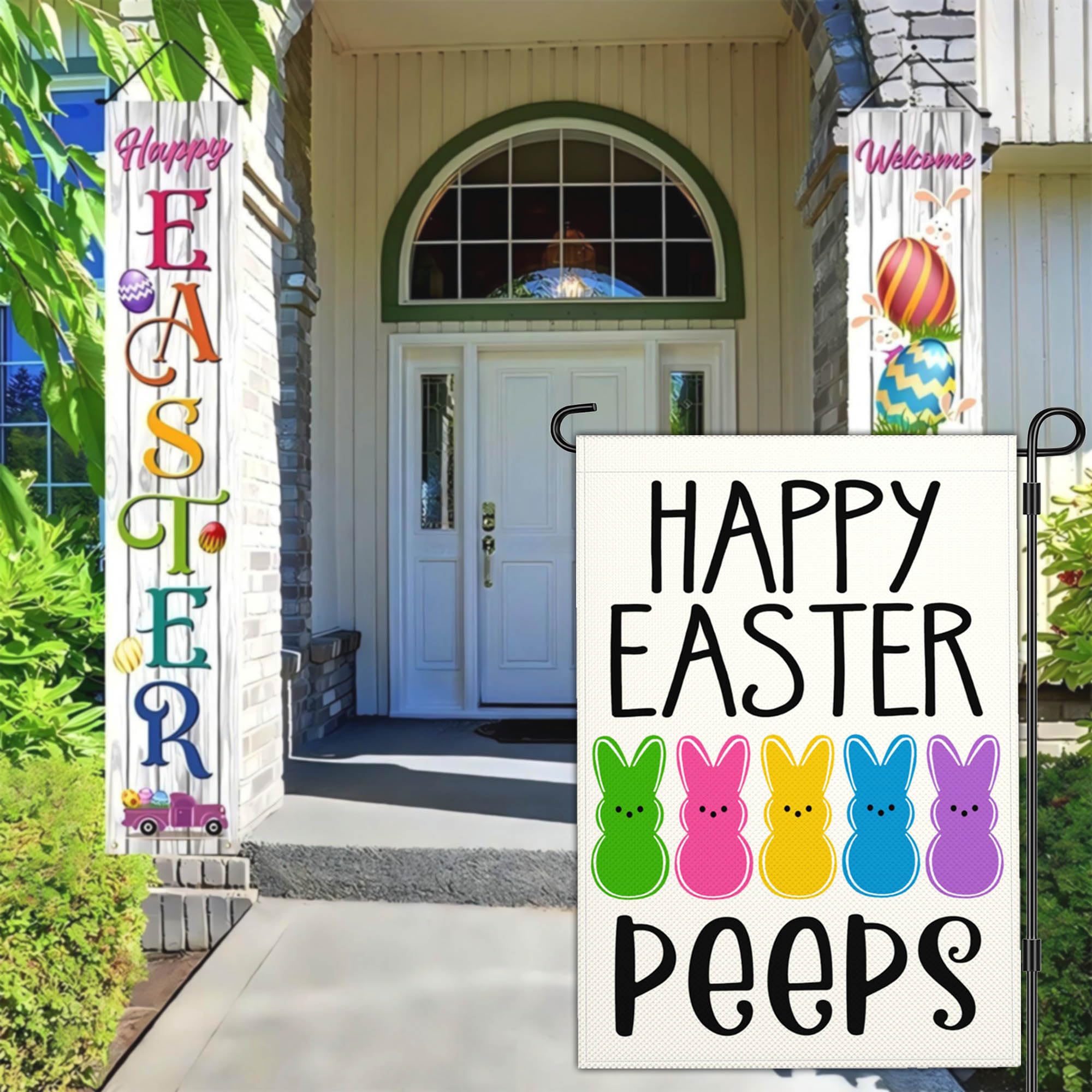 Condition photo showing New/Like New for happy easter garden flags for outside 12x18 double sided easter bunny peeps yard decor spring garden flag outdoor house home holiday decorations banner