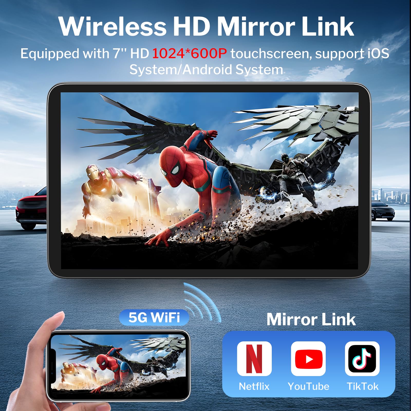 Wireless CarPlay Screen 7 Inch, Portable Apple CarPlay & Android Auto Display with Backup Camera, HD Touchscreen, Voice Control, Plug and Play, GPS Navigation, Mirror Link, AUX/FM, Black - 5
