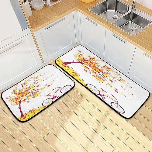 Miniatura 2 de Autumn Bike Kitchen Rugs Set of 2, Fall Maple Leaves Floor Mat Runner Rug Washable Non Slip Washable Standing Mat Home Office Seasonal Decor Rug