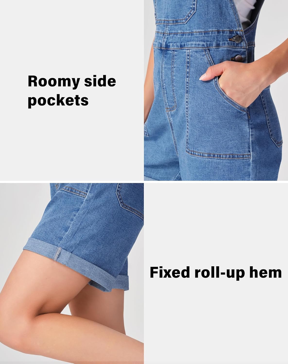 roswear Women's Denim Overall Shorts Stretchy with Adjustable Strap Casual Shortall Jumpsuits - Image 7